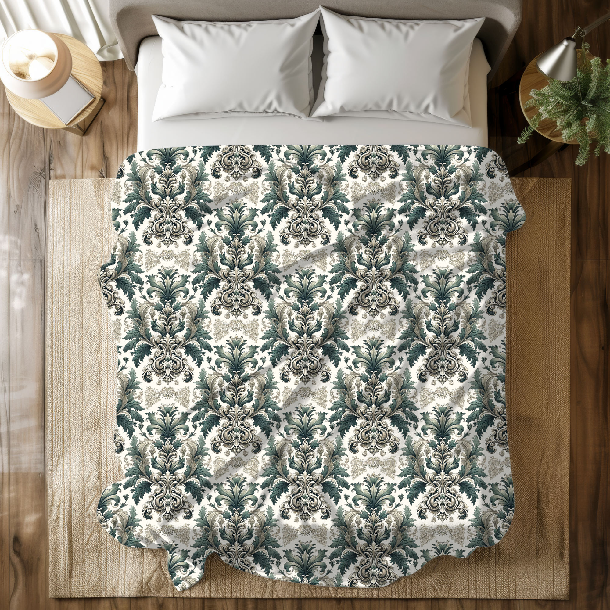 Victorian Damask Duvet Cover – Elegant Green and Ivory Bedding