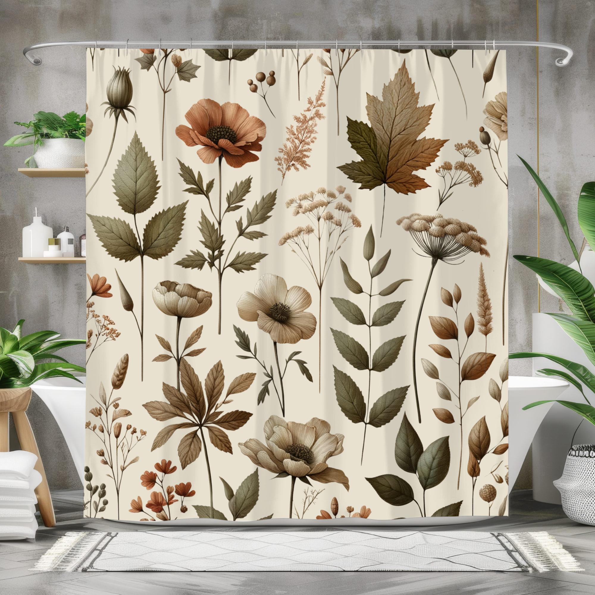 Autumn Botanical Shower Curtain – Neutral Floral Nature Bathroom Decor