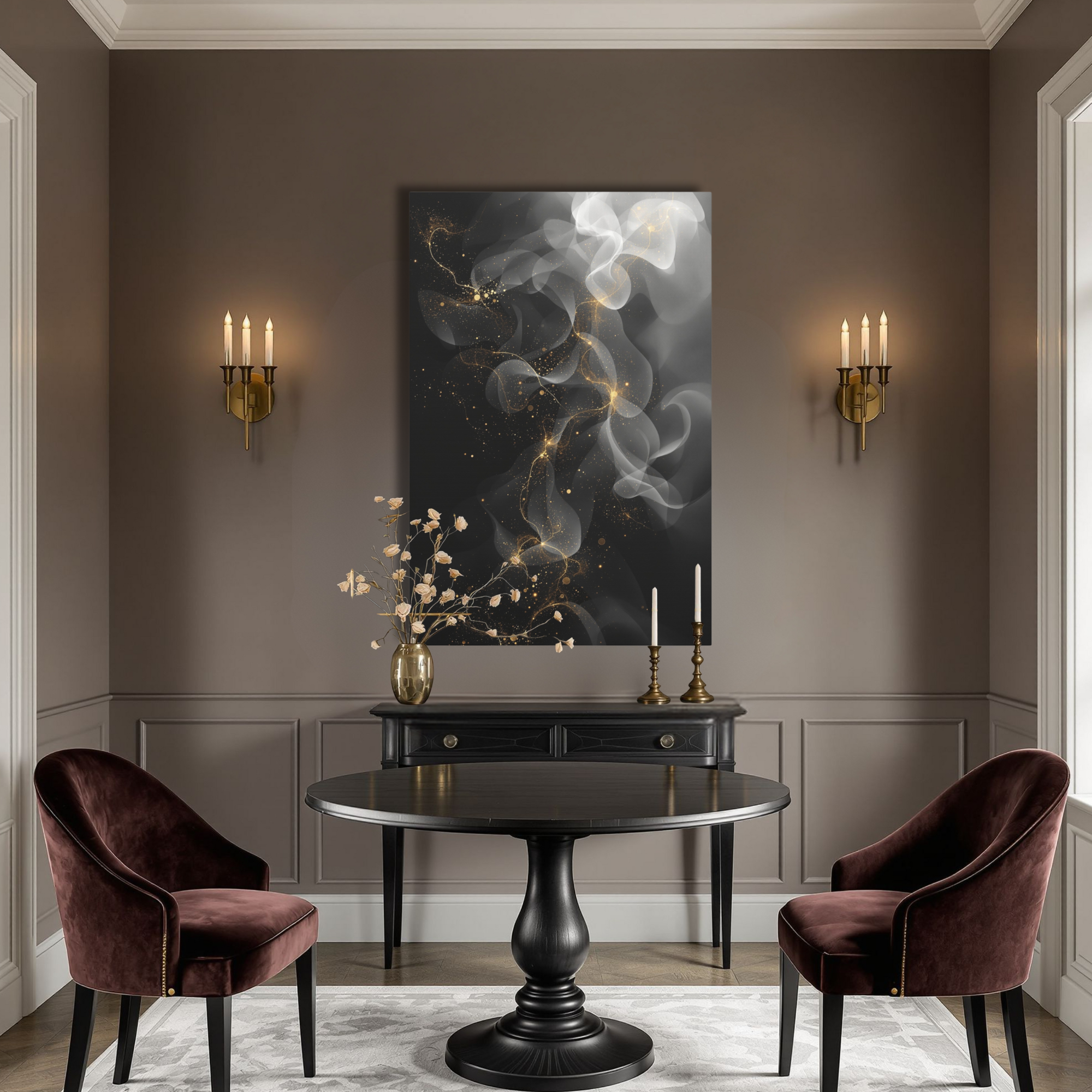 Smoke and Gold Abstract Wall Art – Ethereal Gothic Canvas Décor