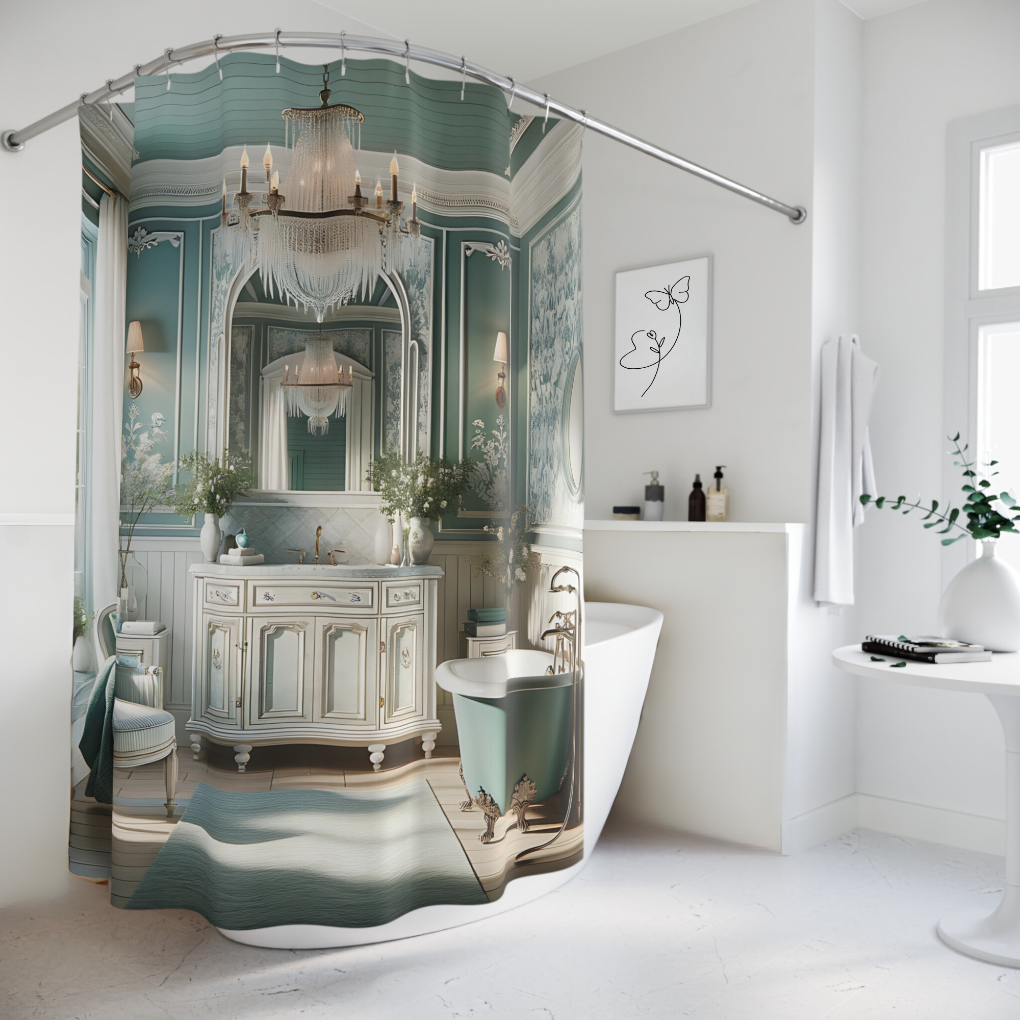 Teal French Country Bathroom – Elegant Vintage Shower Curtain