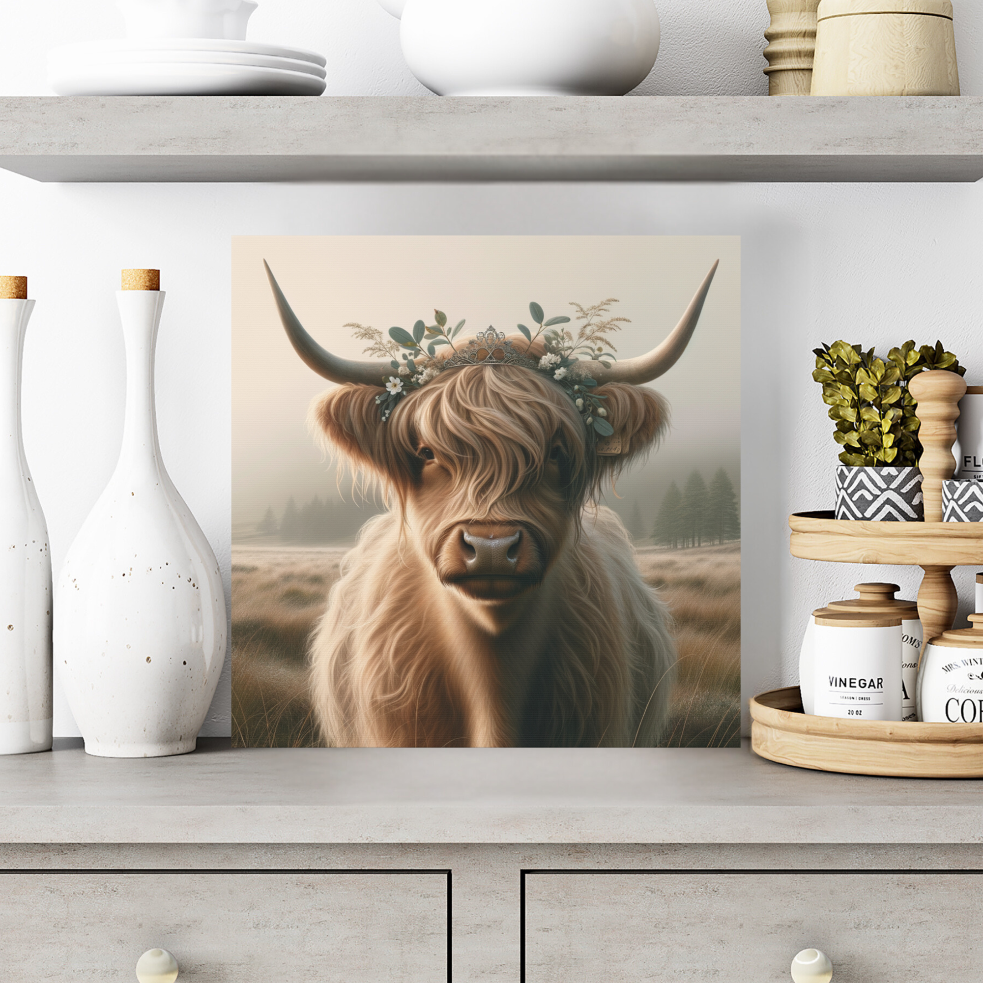 Highland Cow With Tiara in Misty Field – Farmhouse Cow Wall Art