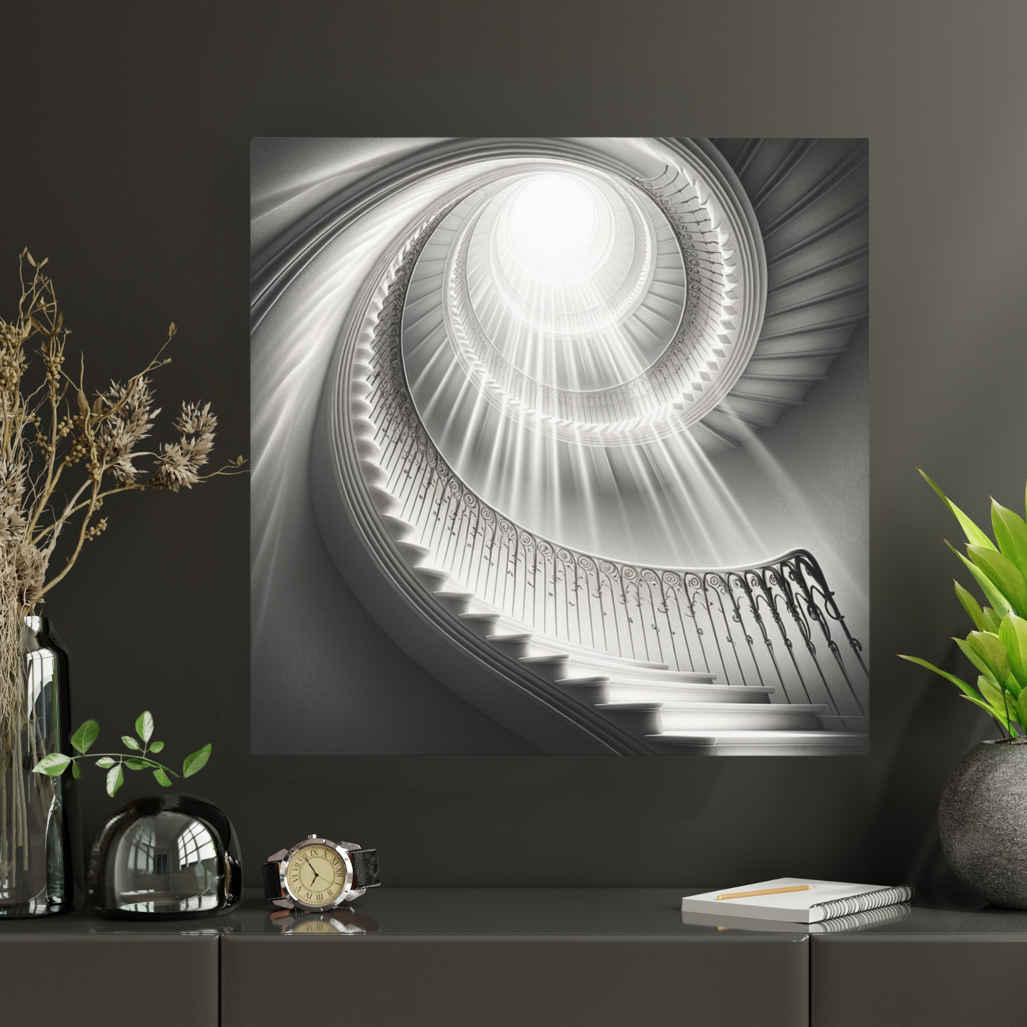 Spiral Staircase to Light – Elegant Black and White Wall Art
