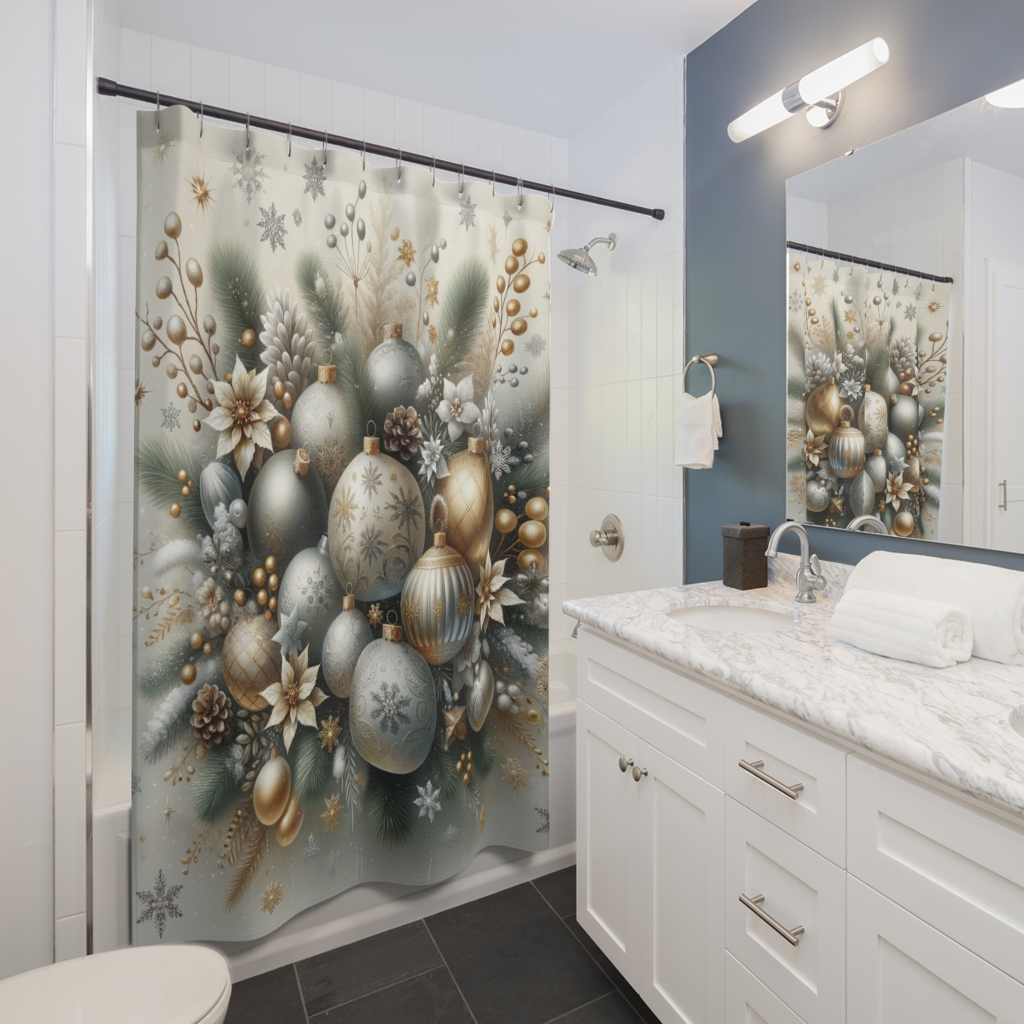 Silver and Gold Christmas Ornament Shower Curtain – Elegant Holiday Bathroom Decor