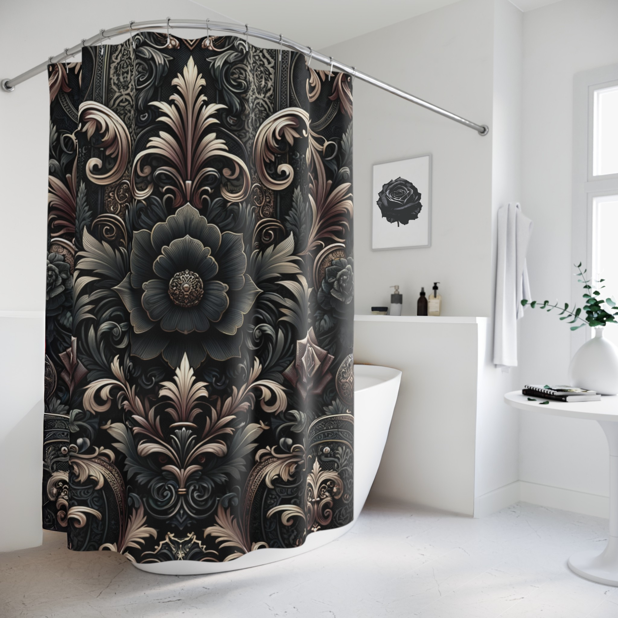 Gothic Baroque Floral Shower Curtain – Dark Romantic Bathroom Decor