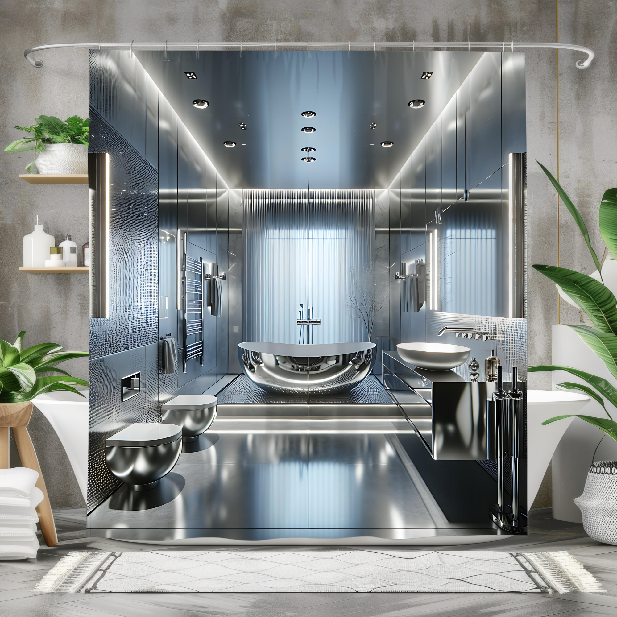 Silver Futuristic Bathroom – Modern Metallic Shower Curtain
