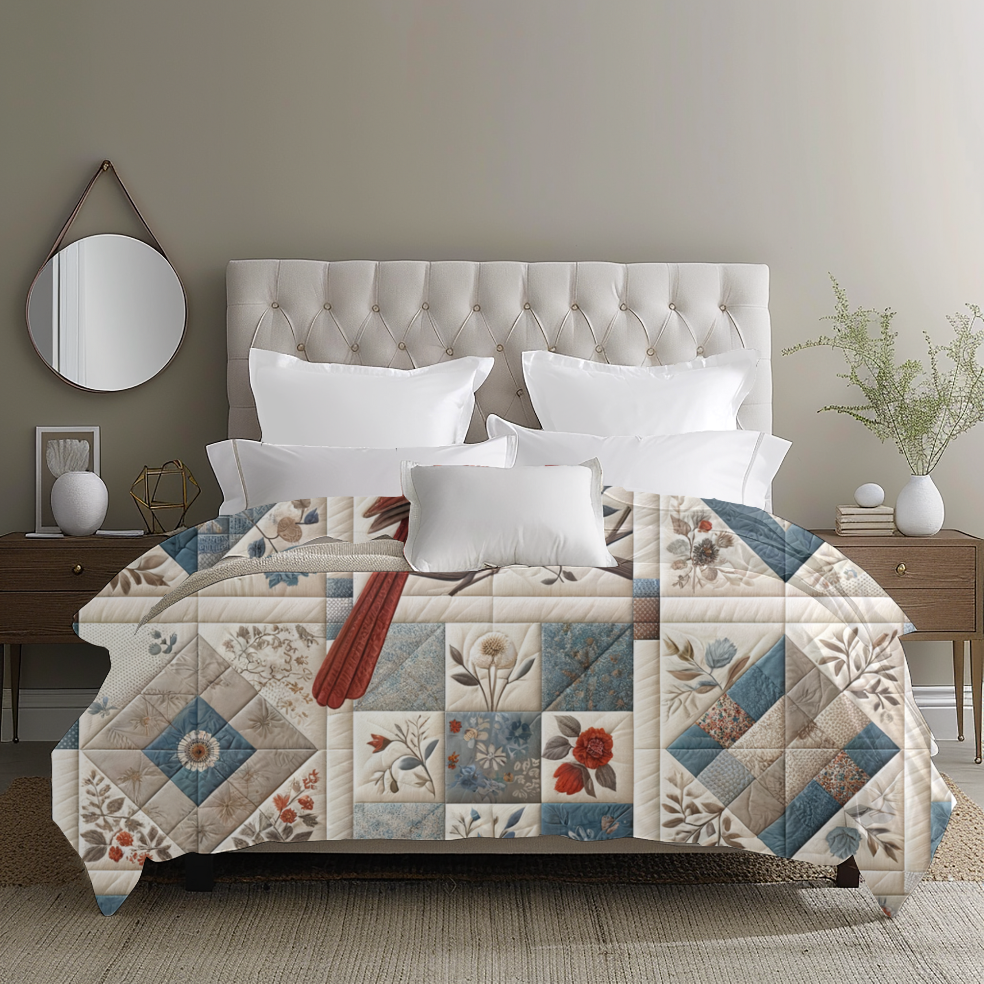 Cardinal in Blue Floral Patchwork – Cardinal Quilt Duvet Cover