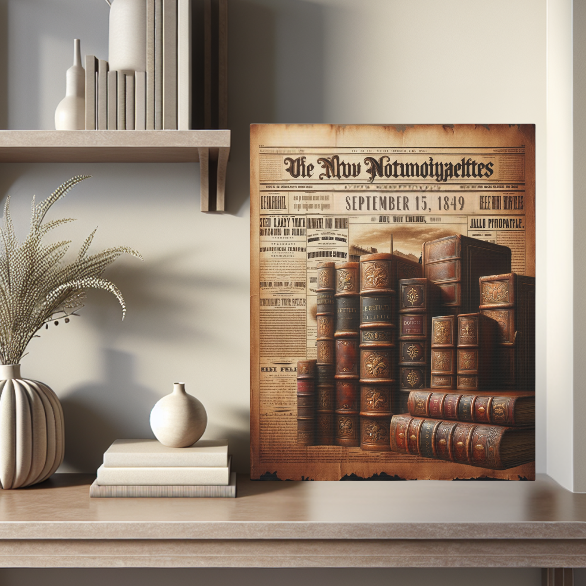 Antique Books and Vintage Newspaper Wall Art – 1849 Library Decor