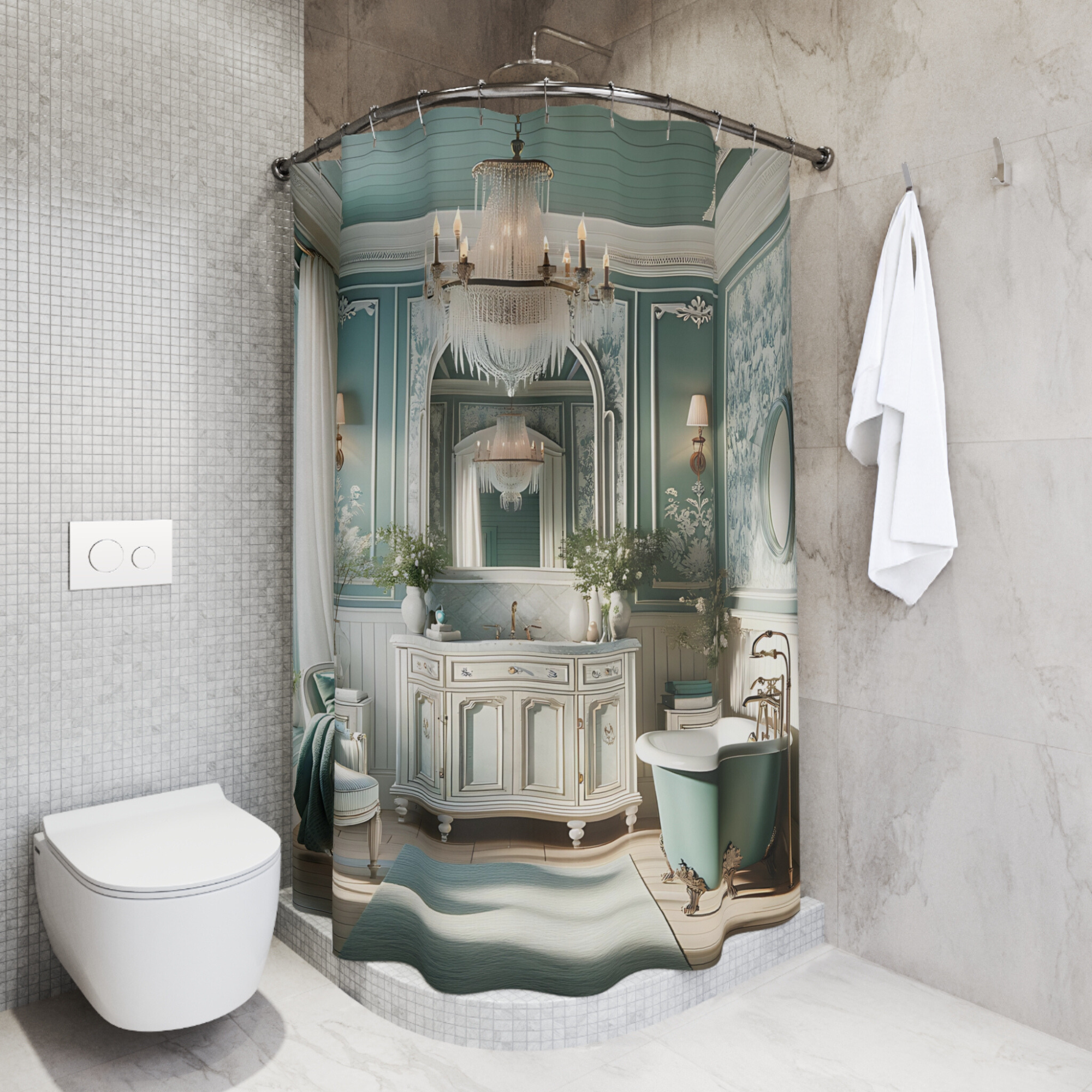 Teal French Country Bathroom – Elegant Vintage Shower Curtain