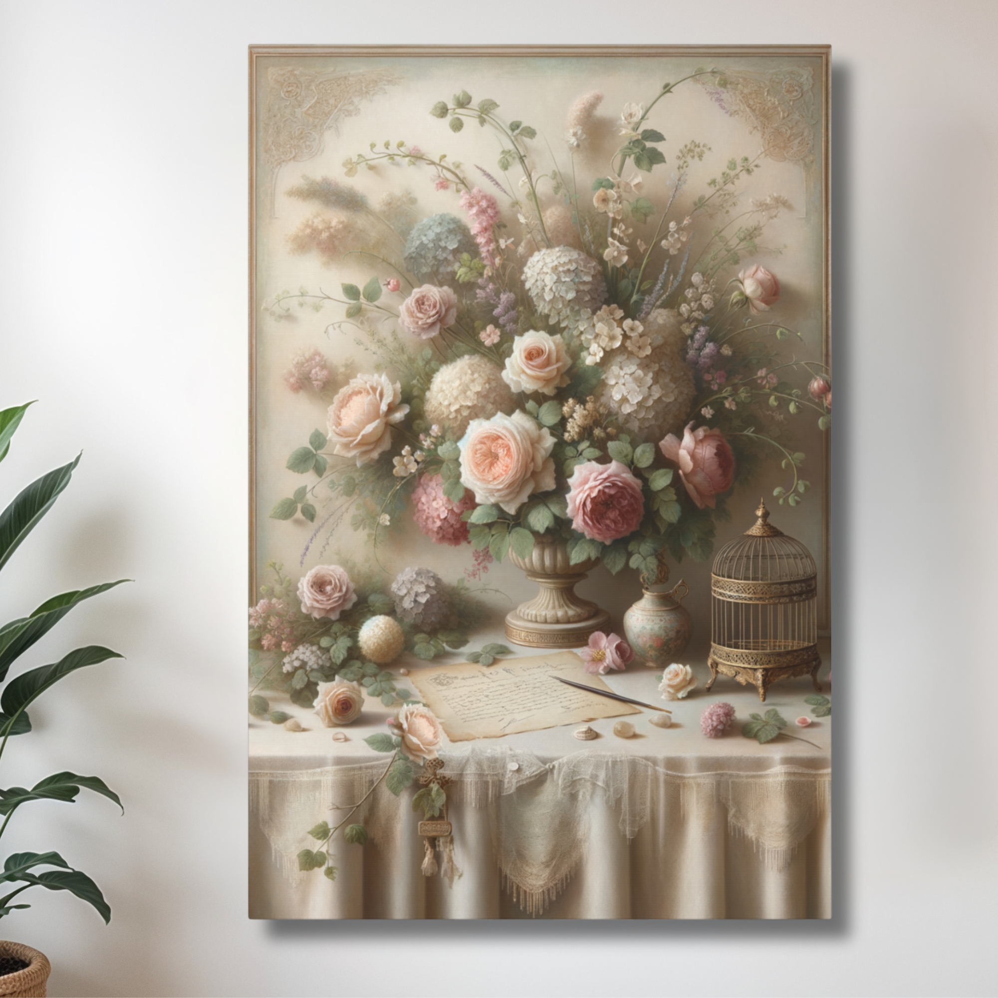 Vintage Floral Table Scene Wall Art – Romantic Victorian Flower Arrangement Print