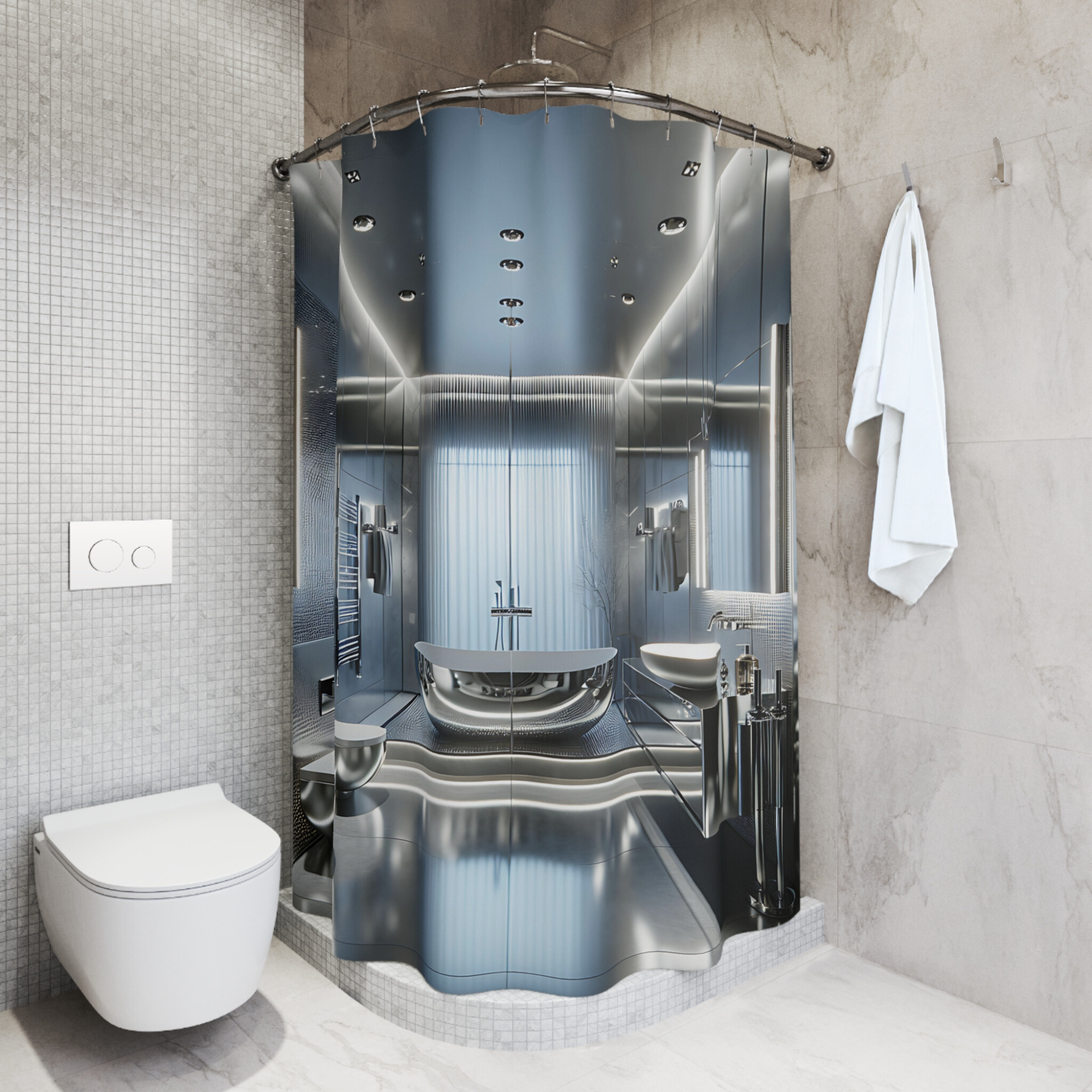 Silver Futuristic Bathroom – Modern Metallic Shower Curtain