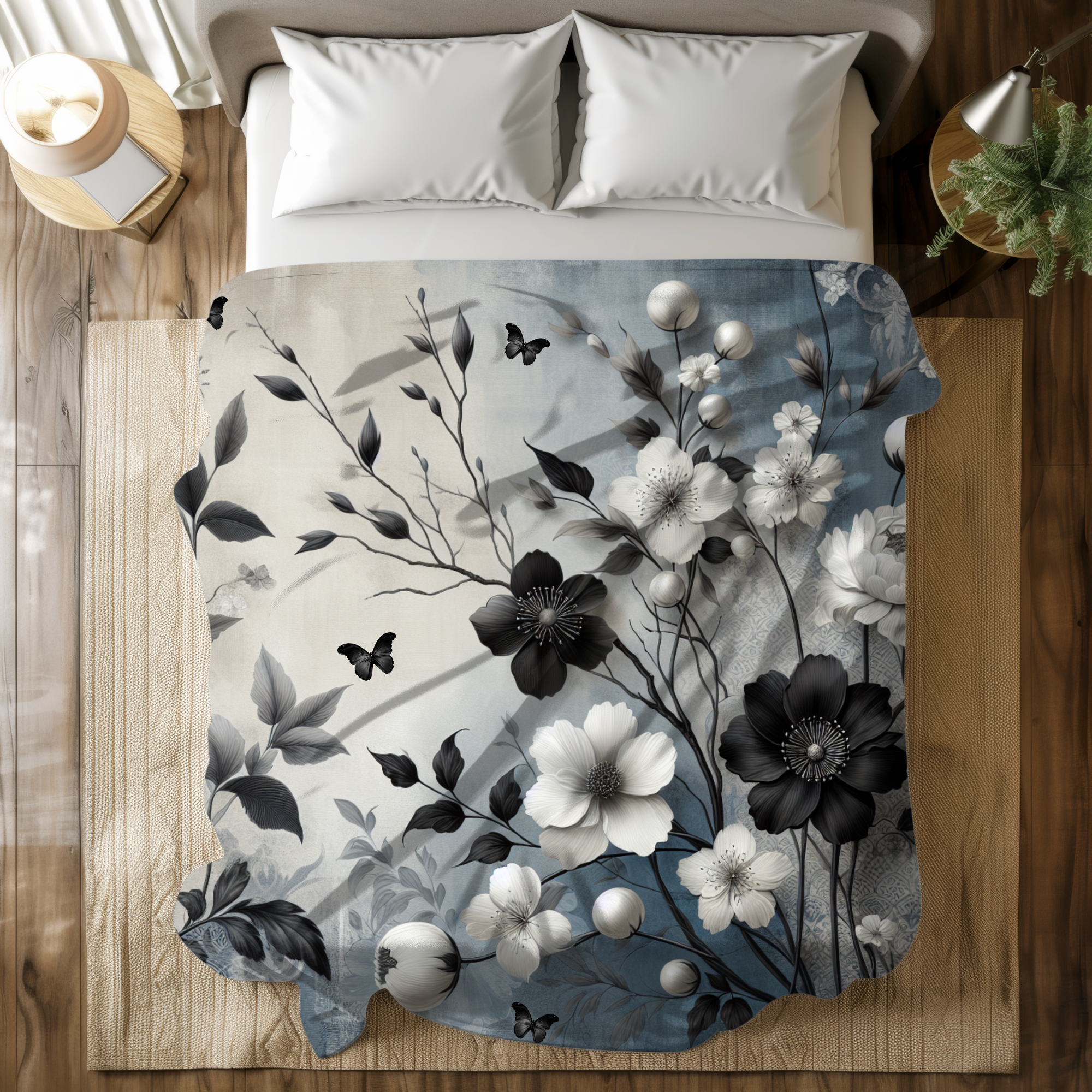 Vintage Black and White Floral Duvet – Elegant Grayscale Bedding