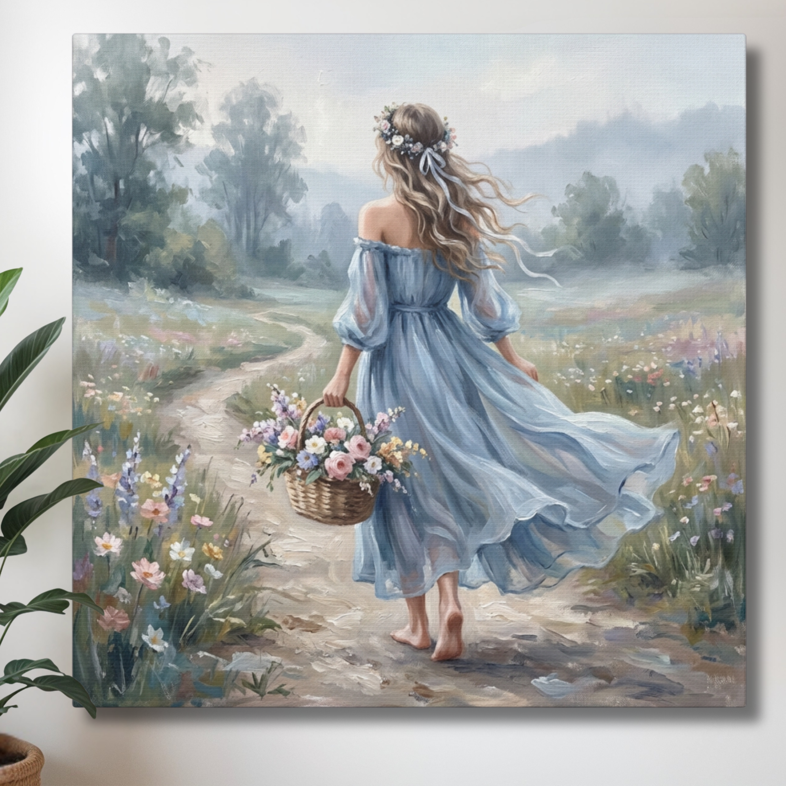 Cottagecore Meadow Walk With Flowing Blue Dress