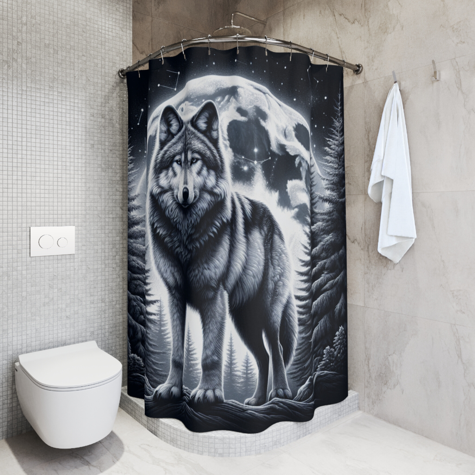 Wolf in Moonlit Forest – Wild Spirit Shower Curtain