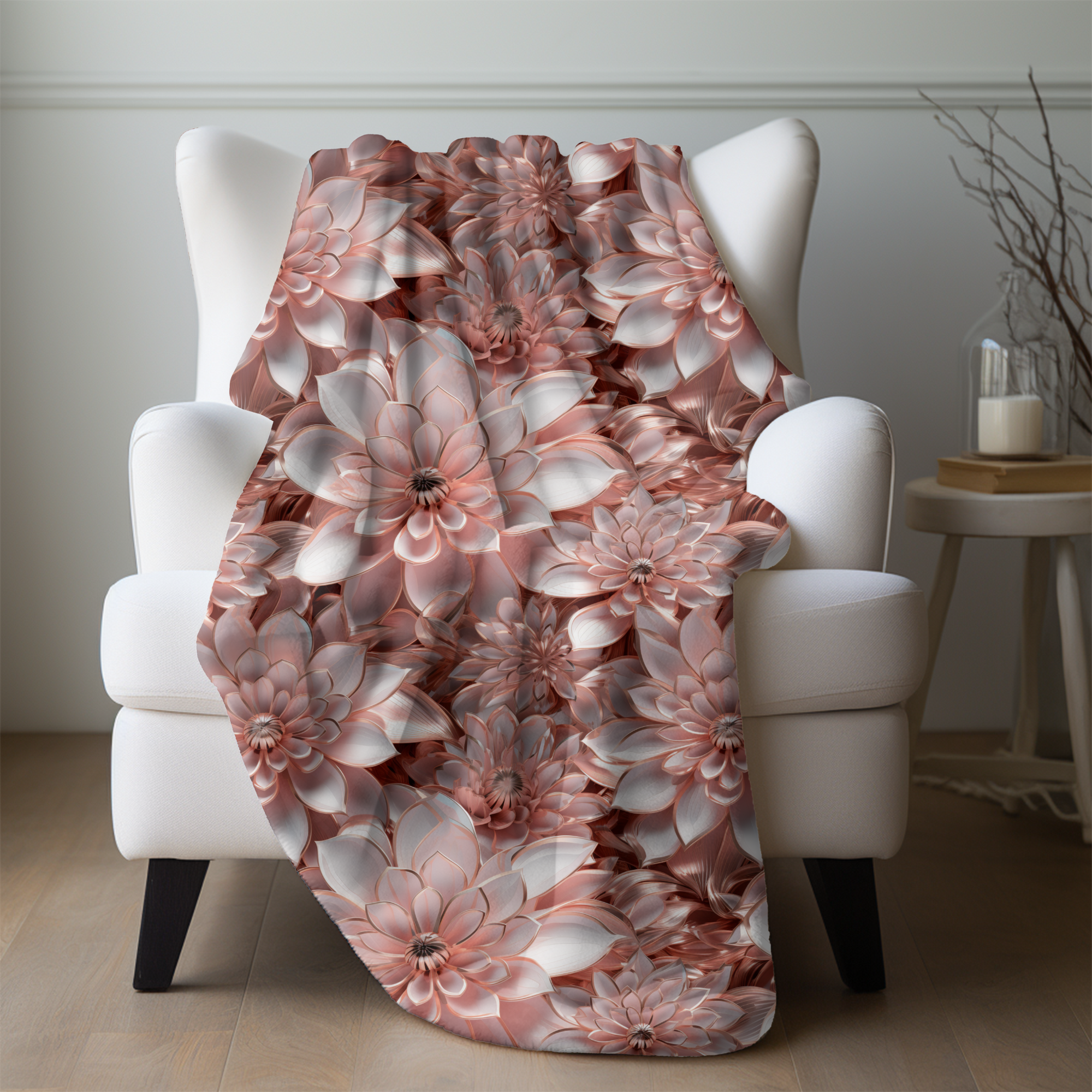 Blush Dahlia Bloom – Elegant Velveteen Floral Blanket