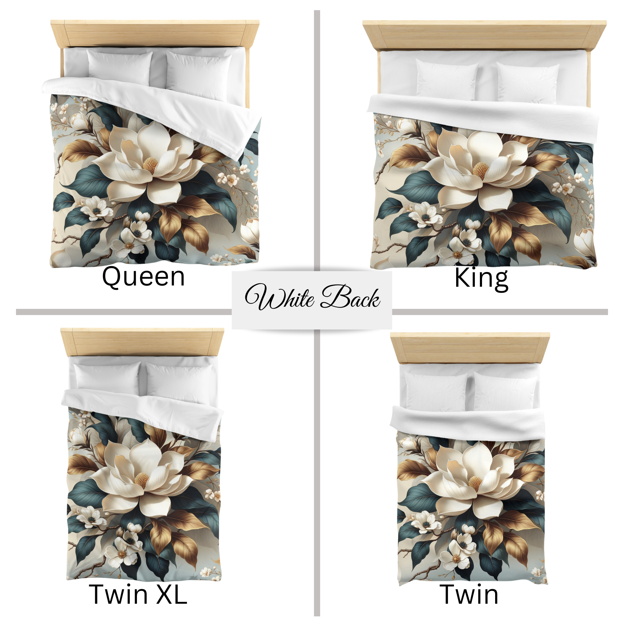 Ivory Magnolia Floral Duvet Cover – Elegant Blue and Gold Botanical Bedding