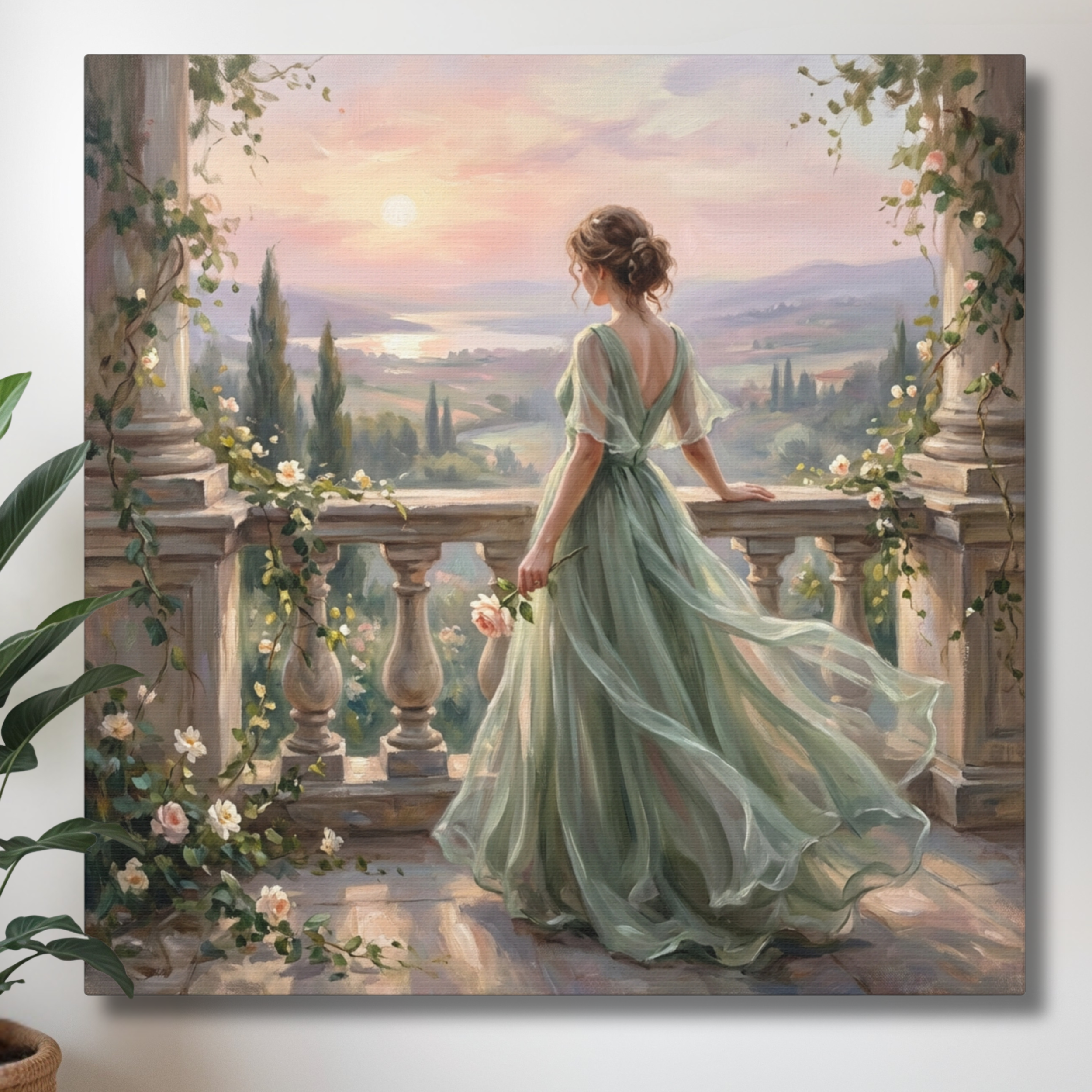 Romantic Balcony Sunset With Flowing Dress