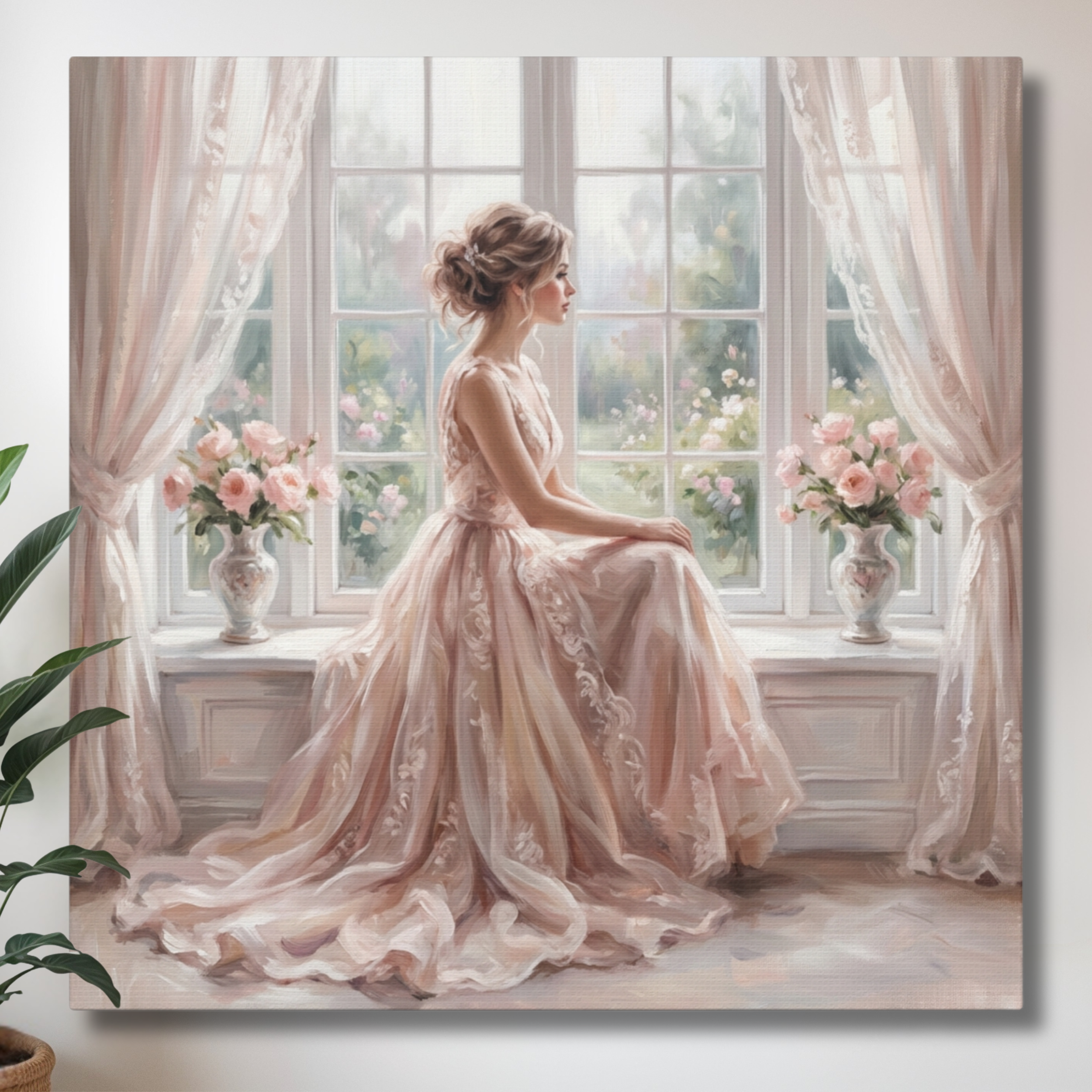 Romantic Woman in Pink Dress Window Scene Wall Art