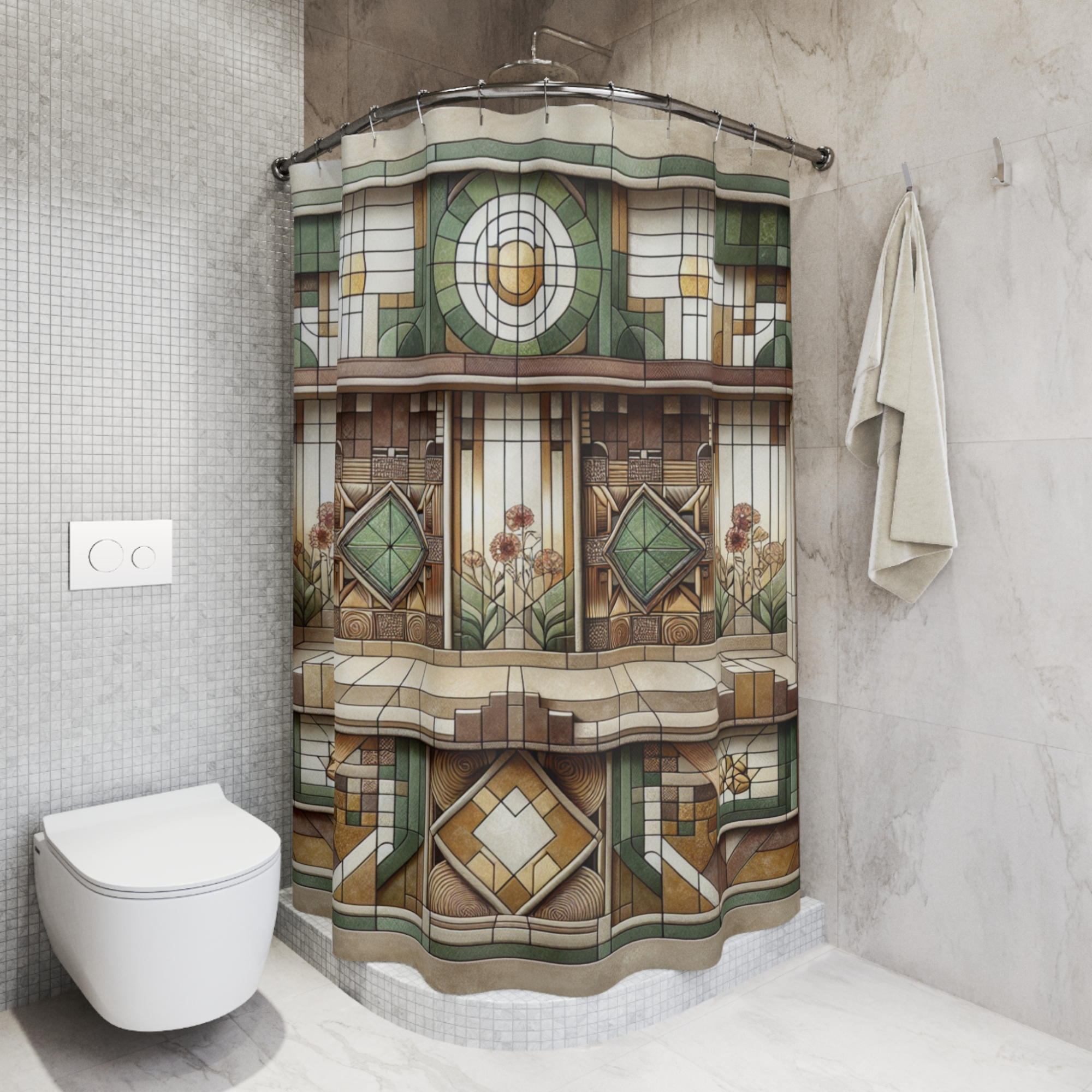 Art Deco Shower Curtain – Geometric Green Gold Design