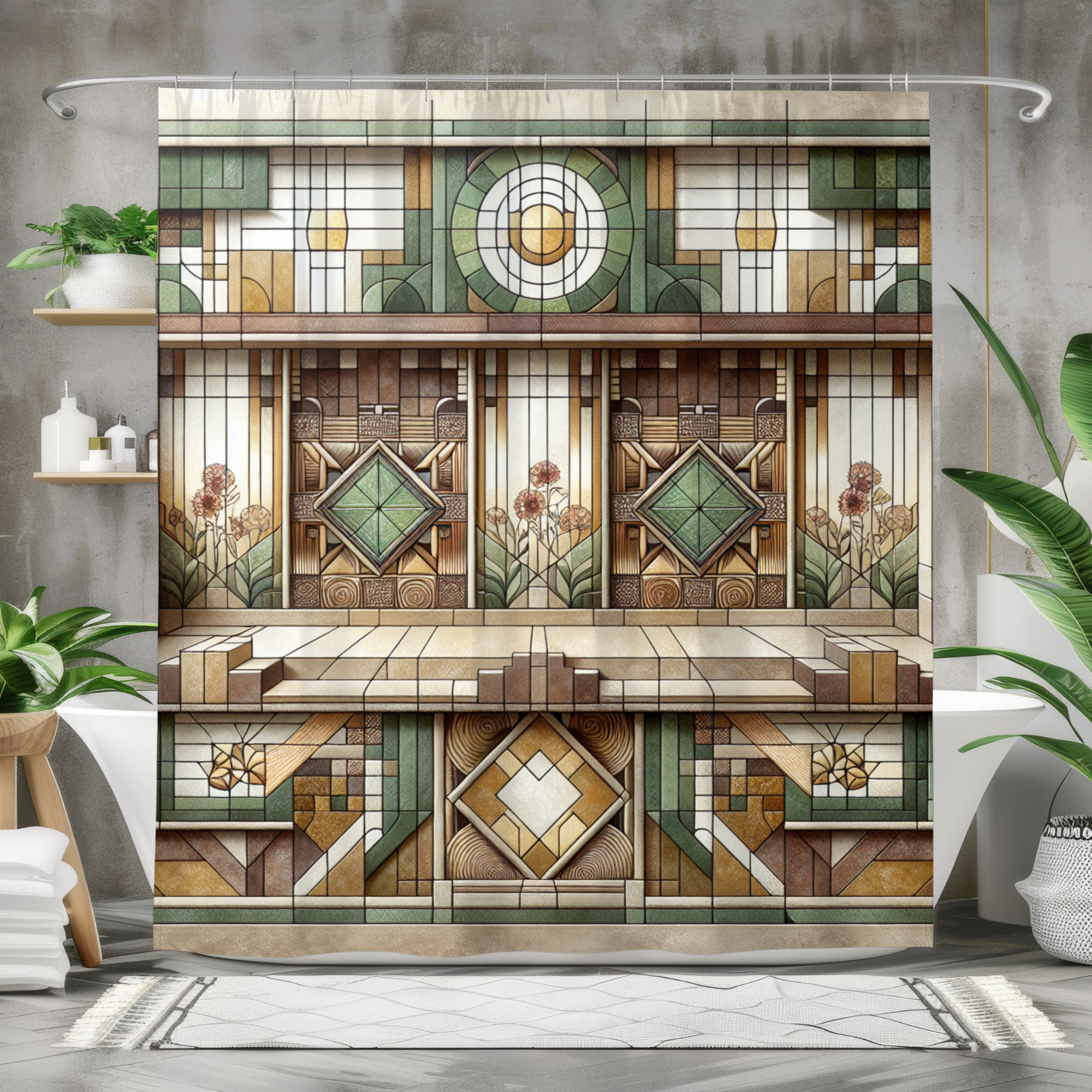 Art Deco Shower Curtain – Geometric Green Gold Design