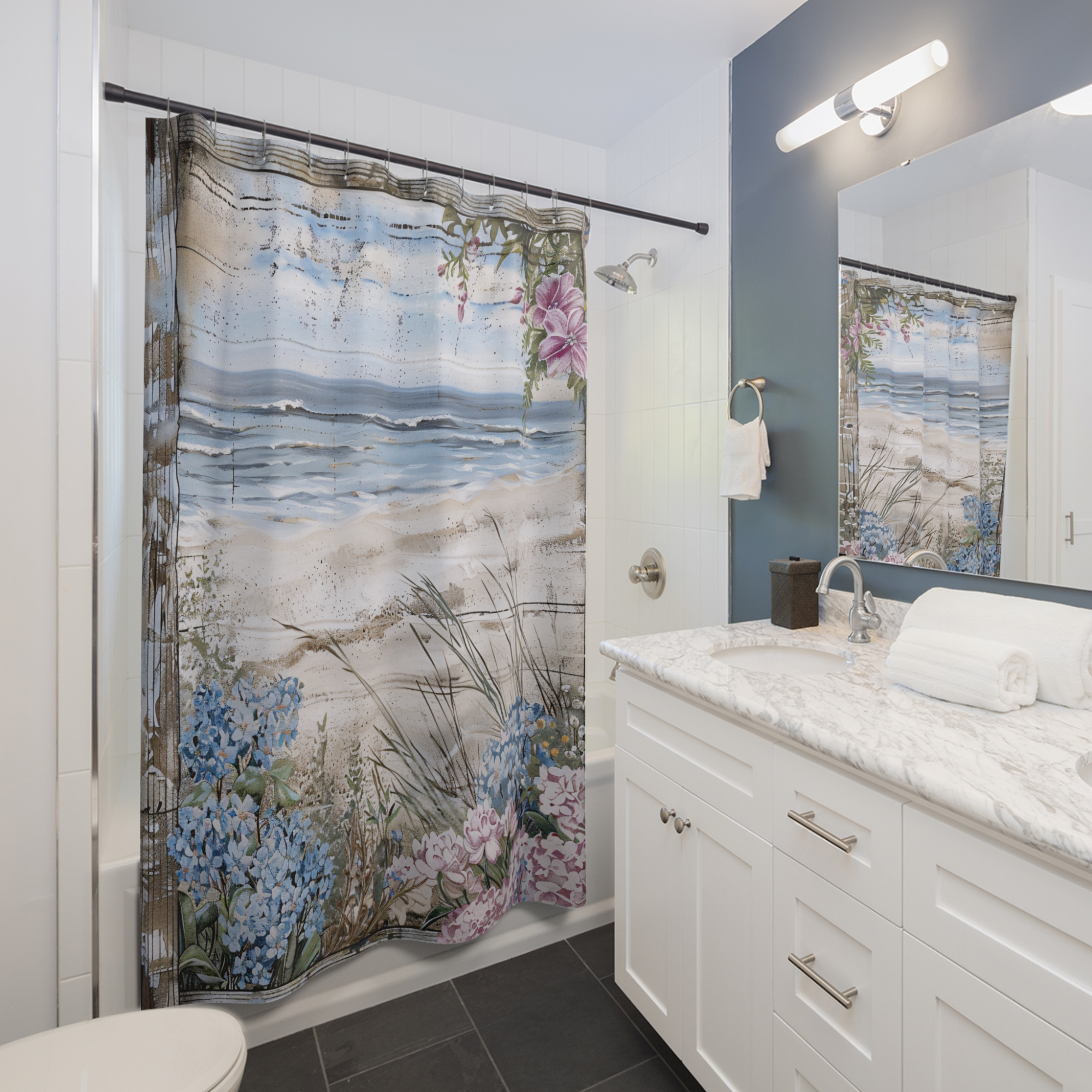 Coastal Garden View – Elegant Beach Cottage Shower Curtain