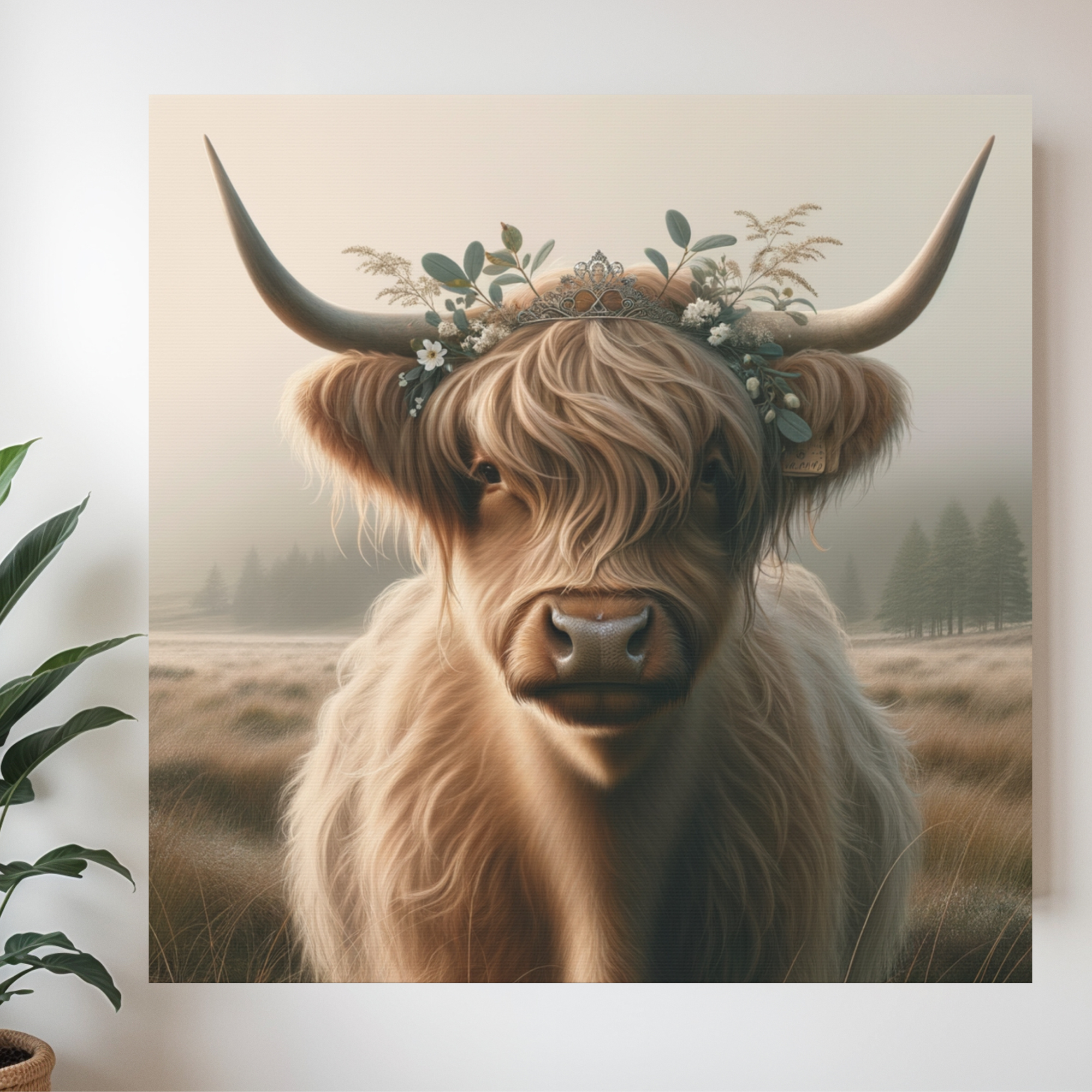 Highland Cow With Tiara in Misty Field – Farmhouse Cow Wall Art