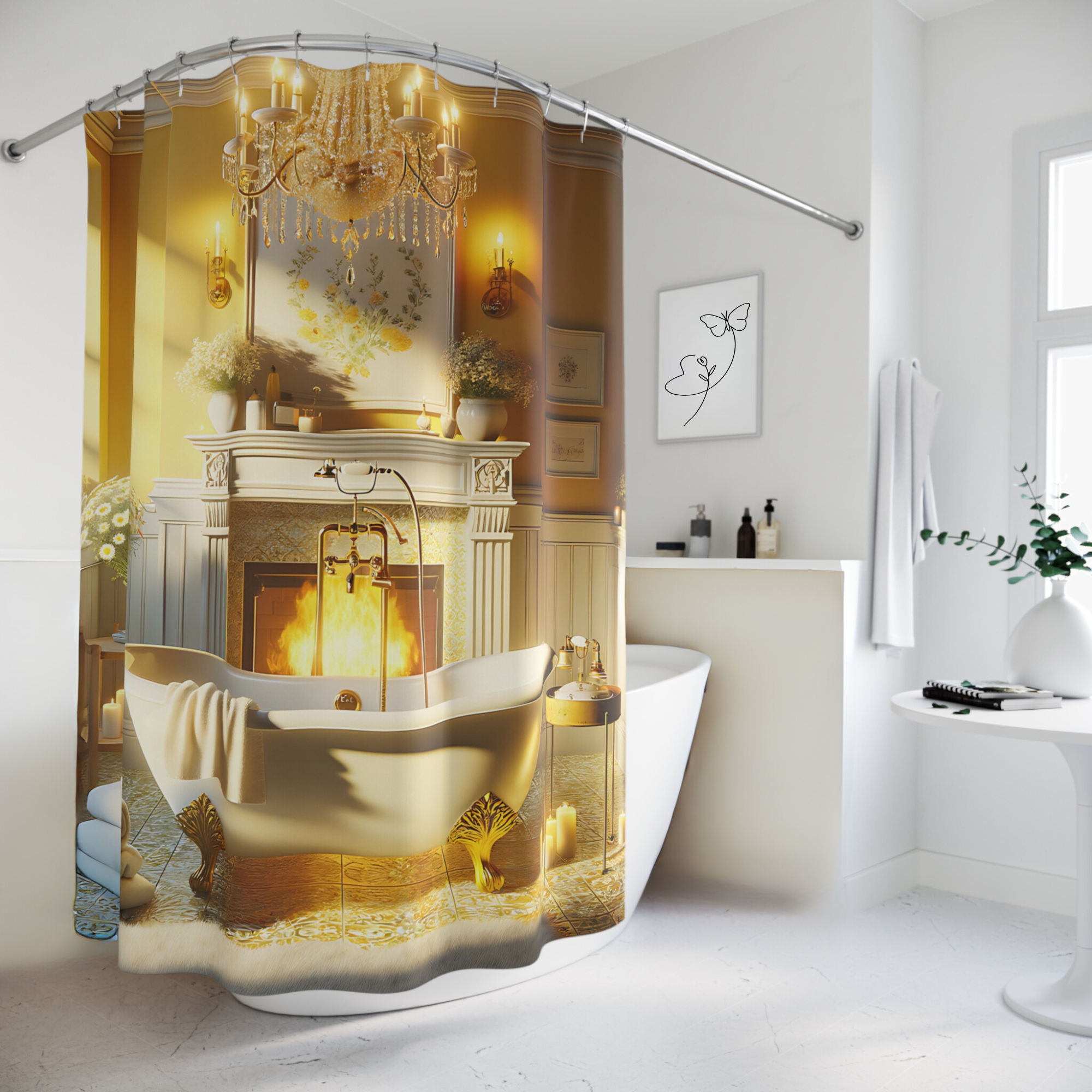 Golden Fireplace Bathroom – Elegant Yellow Shower Curtain