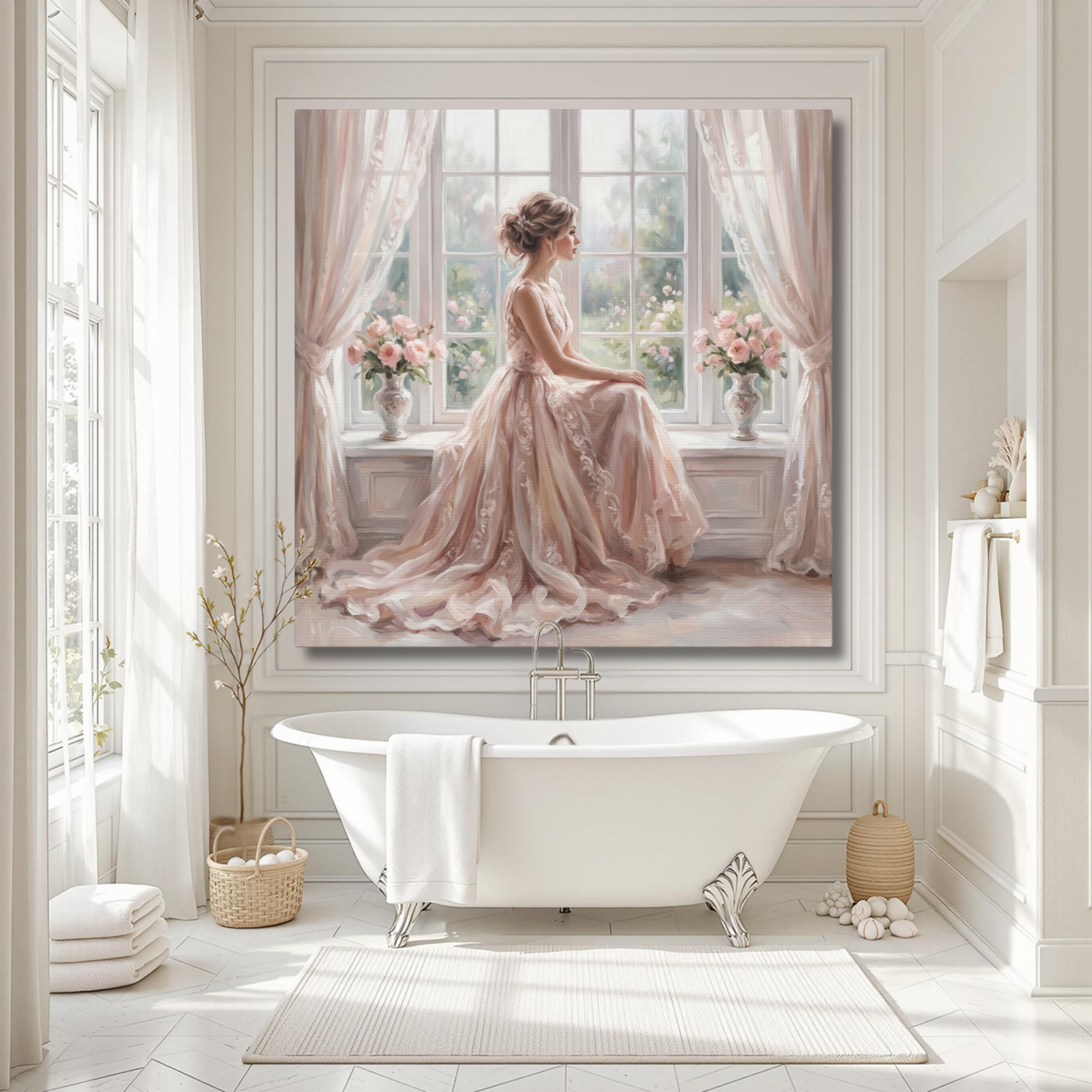 Romantic Woman in Pink Dress Window Scene Wall Art