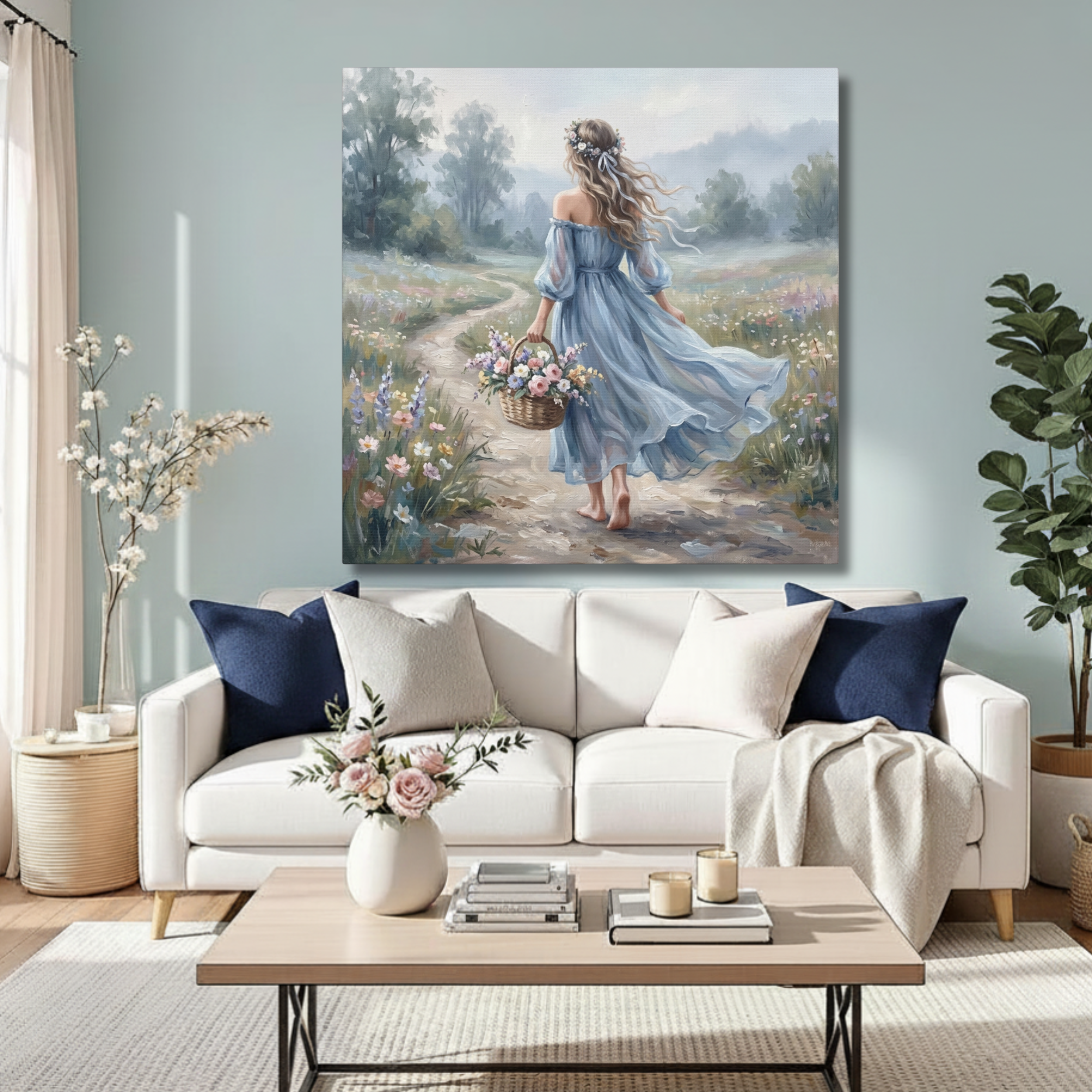 Cottagecore Meadow Walk With Flowing Blue Dress