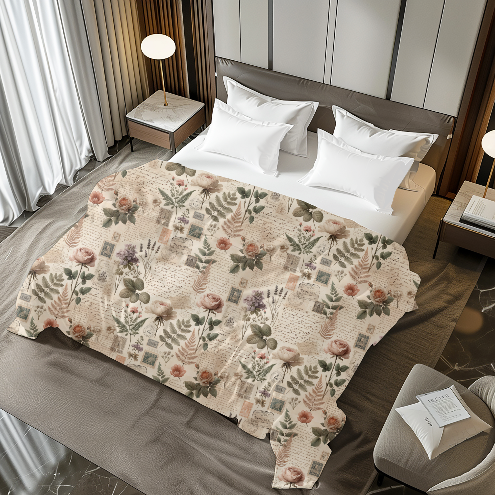 Antique Script & Botanical Collage Duvet Cover – Vintage Floral Letter Bedding
