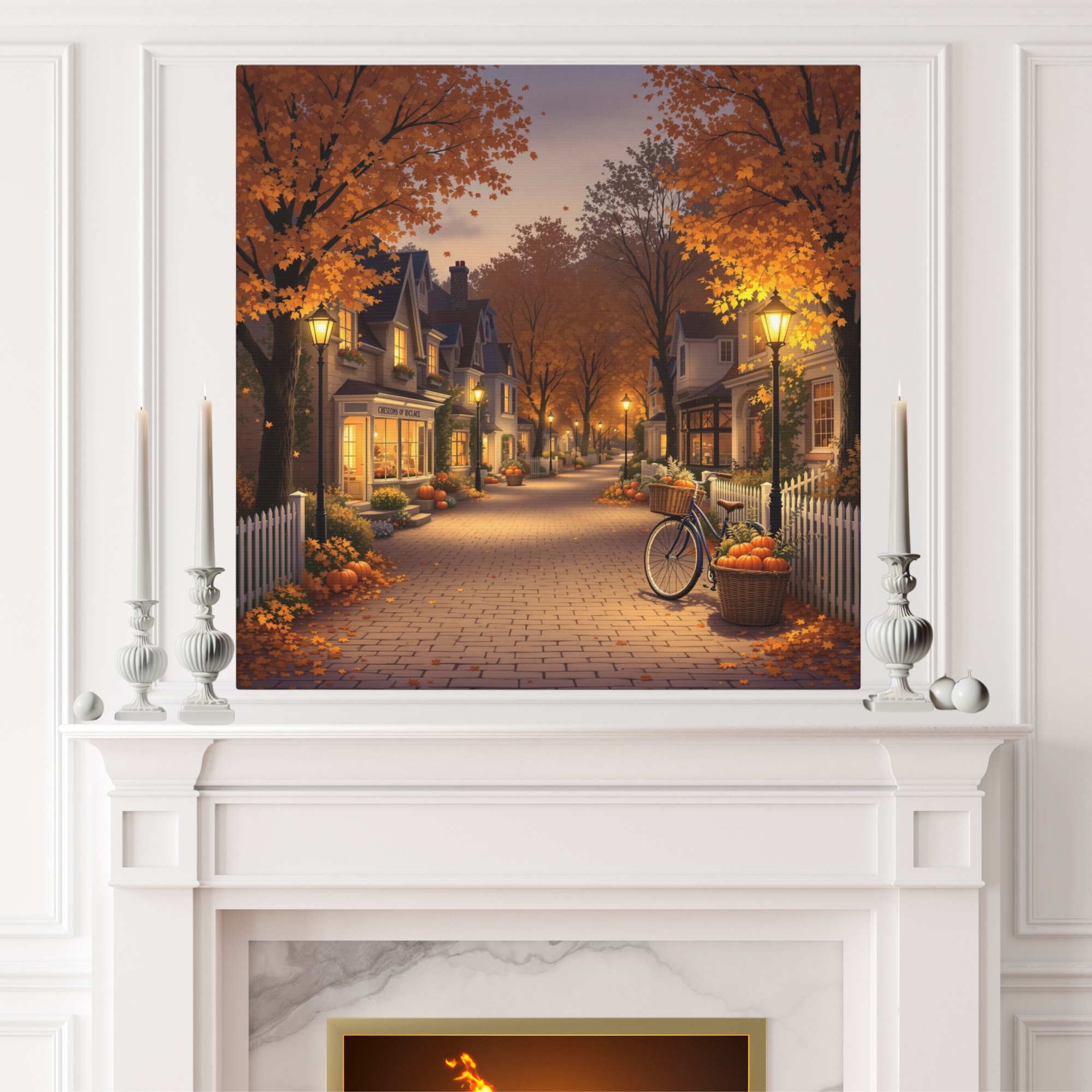 Pumpkin-Lined Village Street at Dusk – Cozy Autumn Wall Art