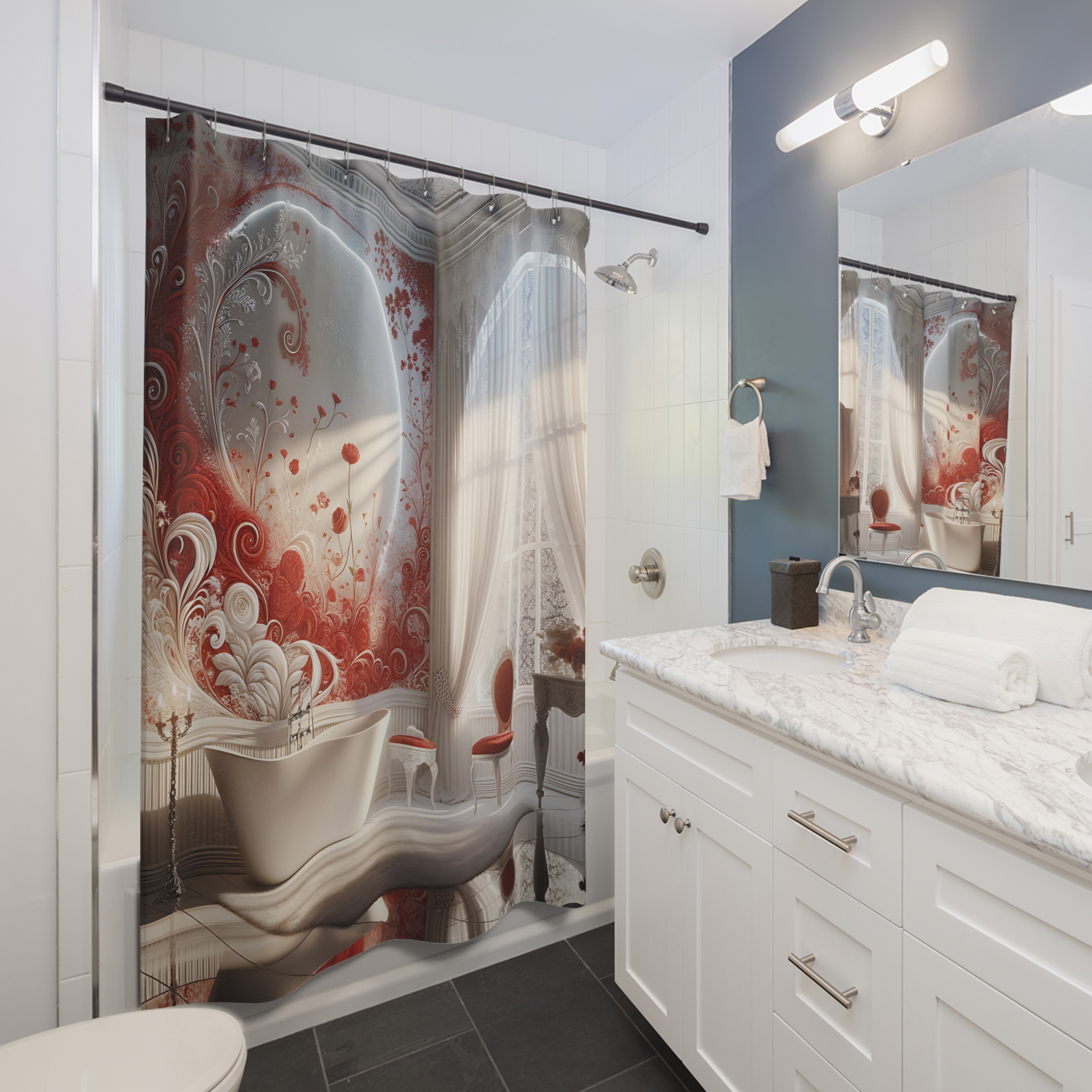 Red Floral Scrollwork Bathroom – Elegant Red and White Shower Curtain