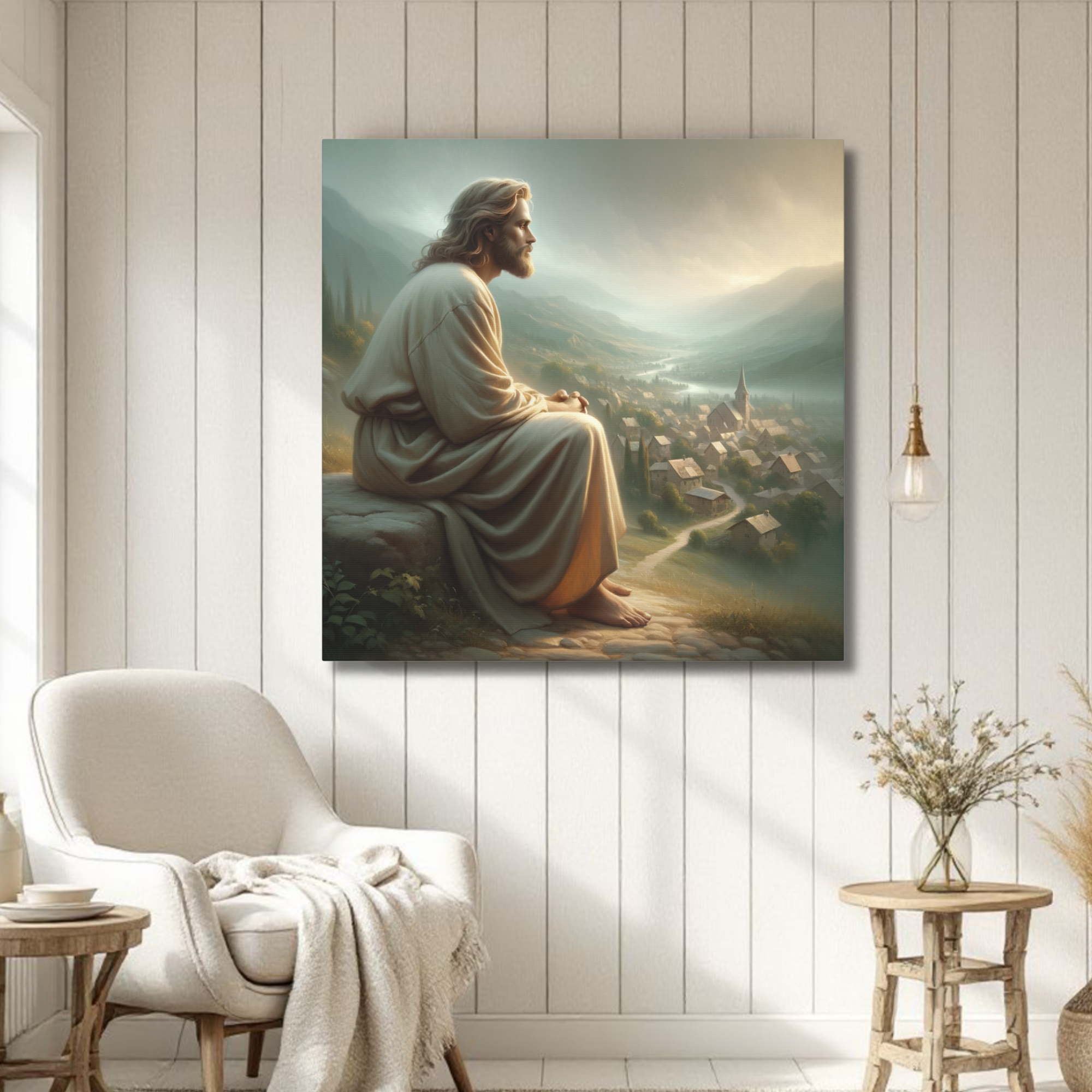 God Watching Over Village – Peaceful Spiritual Wall Art
