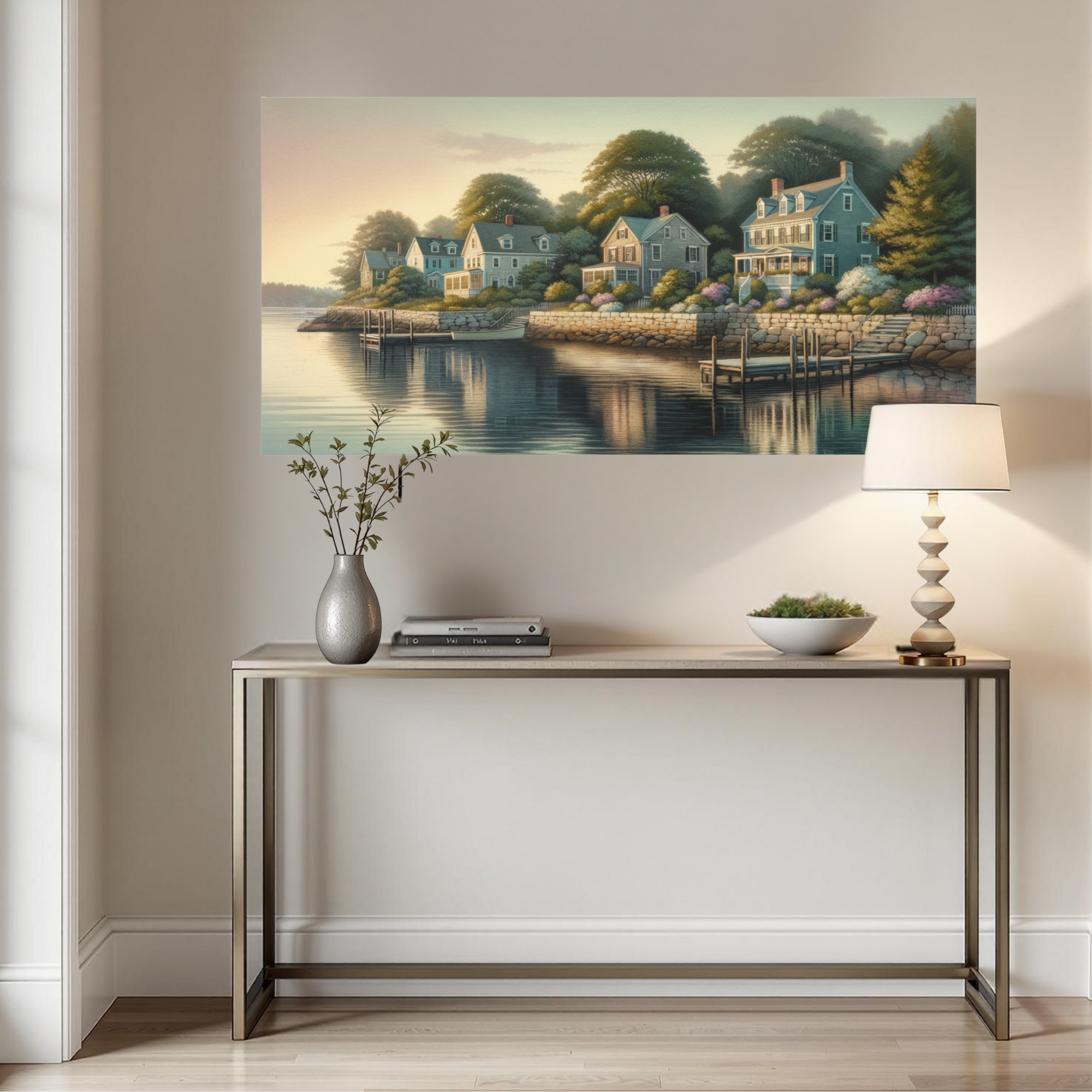 Seaside Cottage Row at Sunset – Coastal Harbor Wall Art