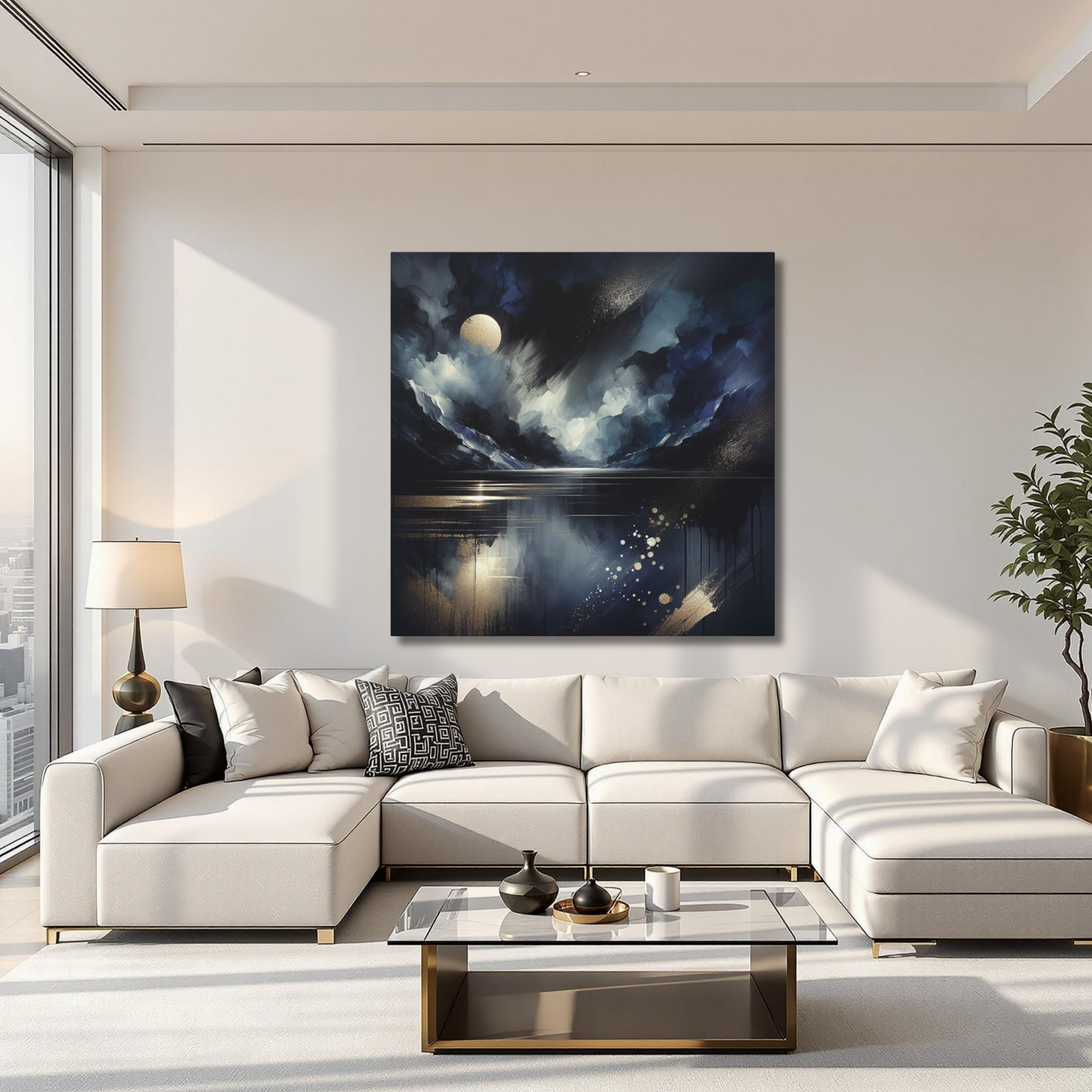 Midnight Reflections Wall Art – Blue and Gold Mountain Lake Canvas