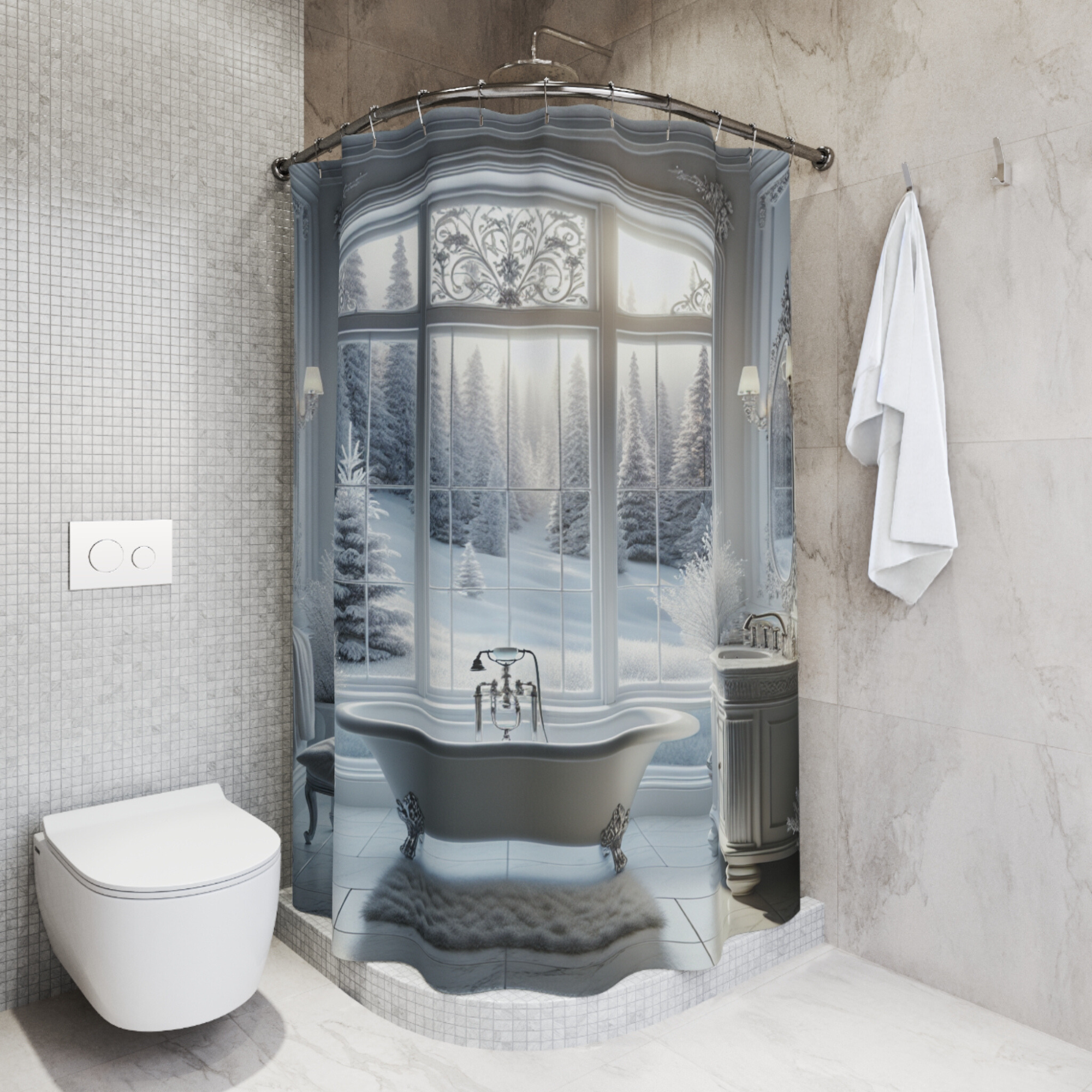 Winter Forest Bathroom – Elegant Snowy Shower Curtain