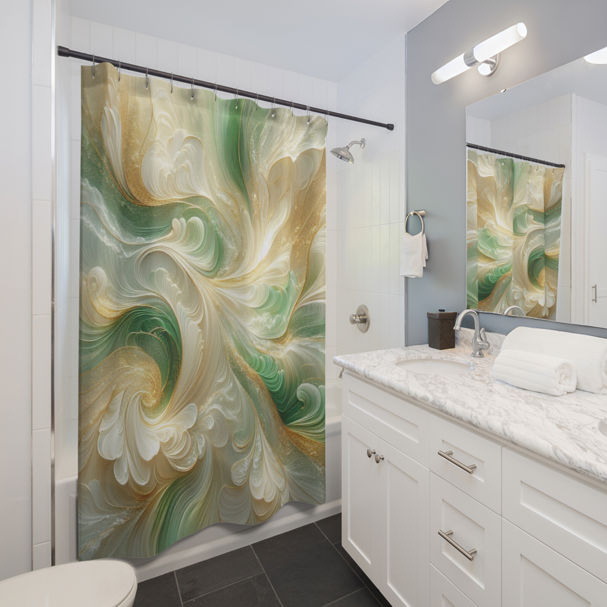 Emerald Gold Swirl – Elegant Abstract Shower Curtain