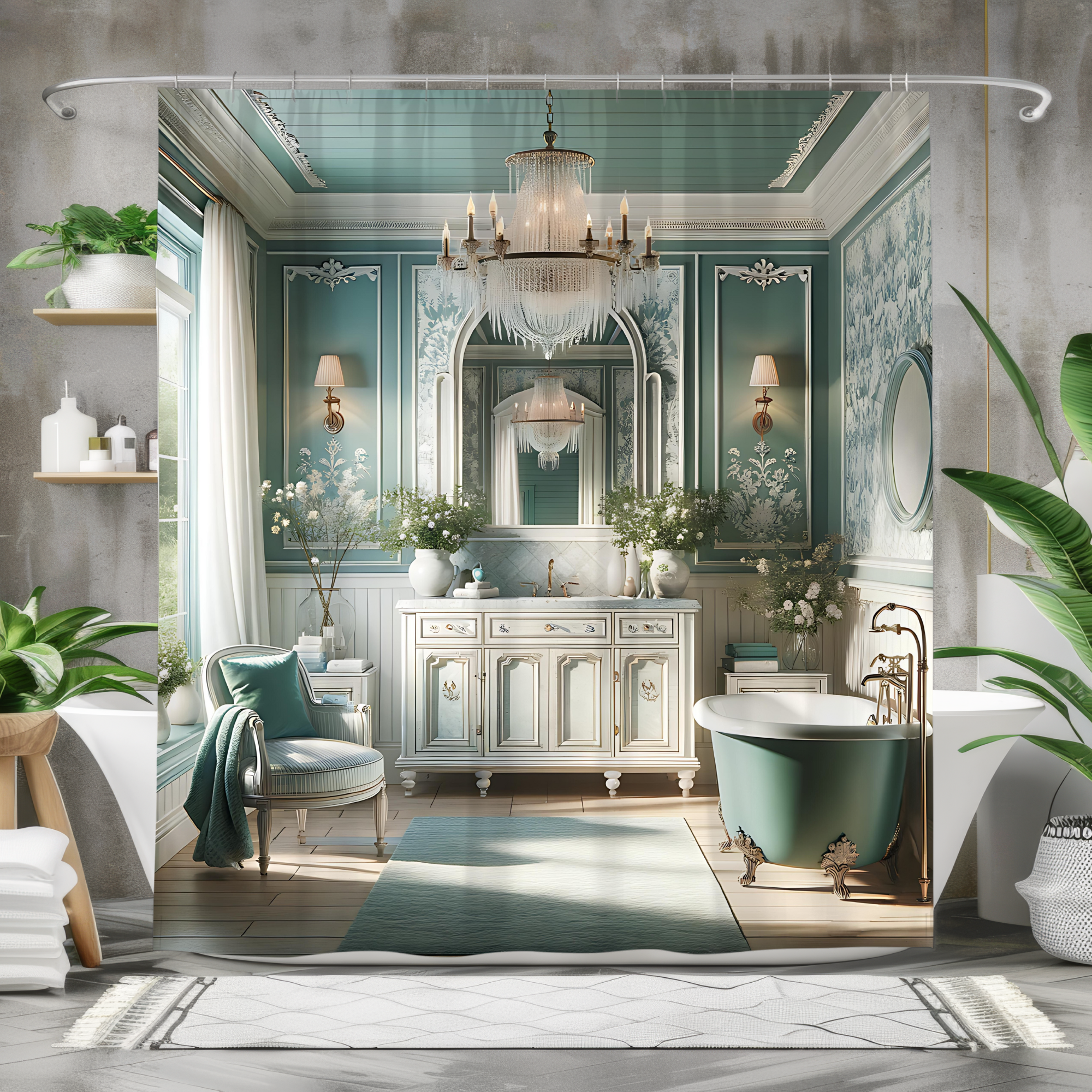 Teal French Country Bathroom – Elegant Vintage Shower Curtain