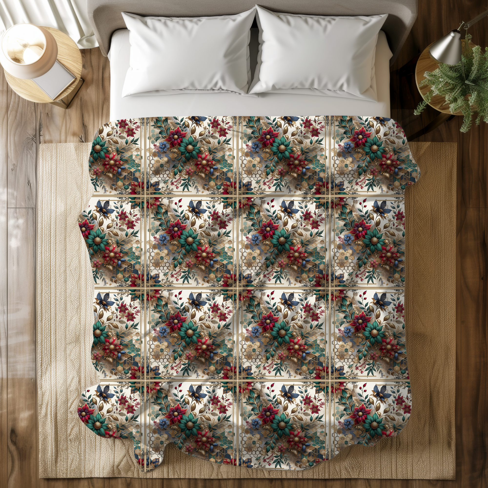 Vintage Botanical Tiles – Elegant Velveteen Blanket