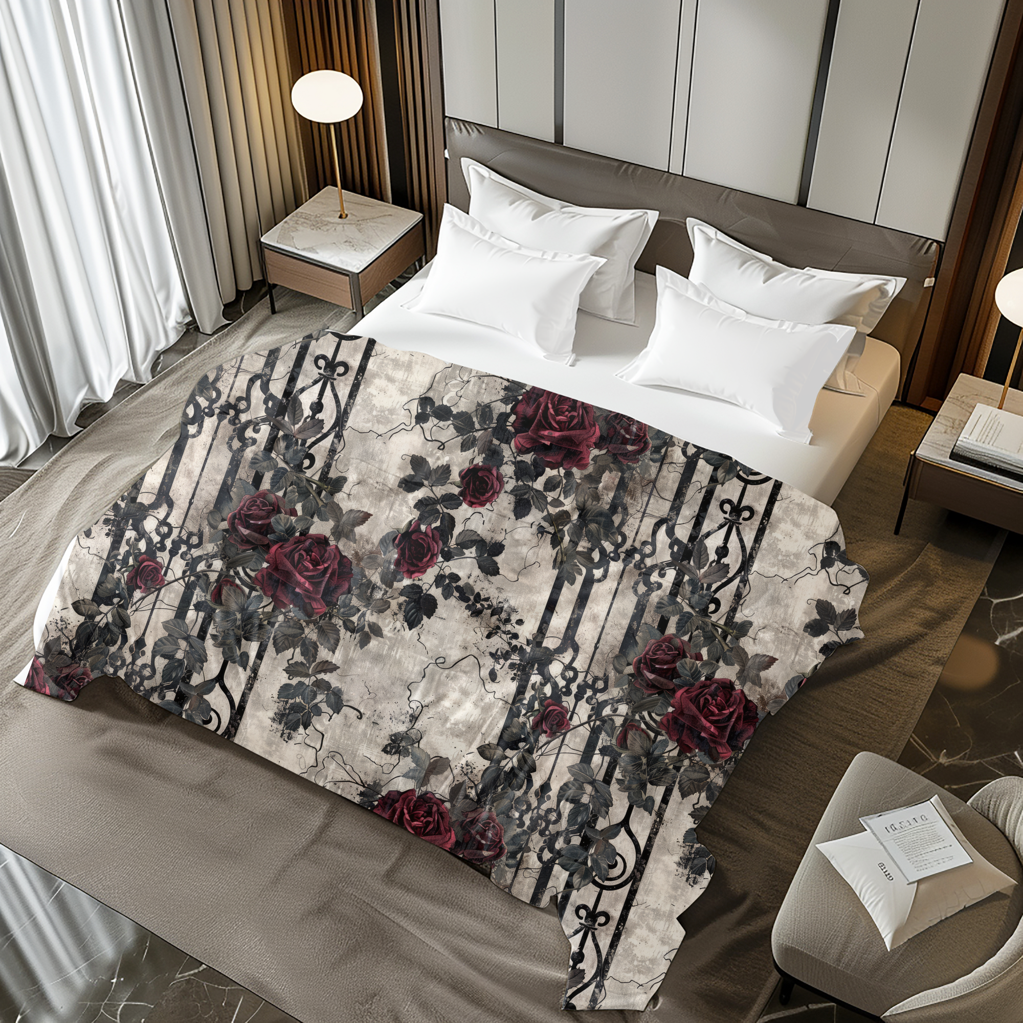 Crimson Roses and Iron Gates – Gothic Rose Duvet Cover