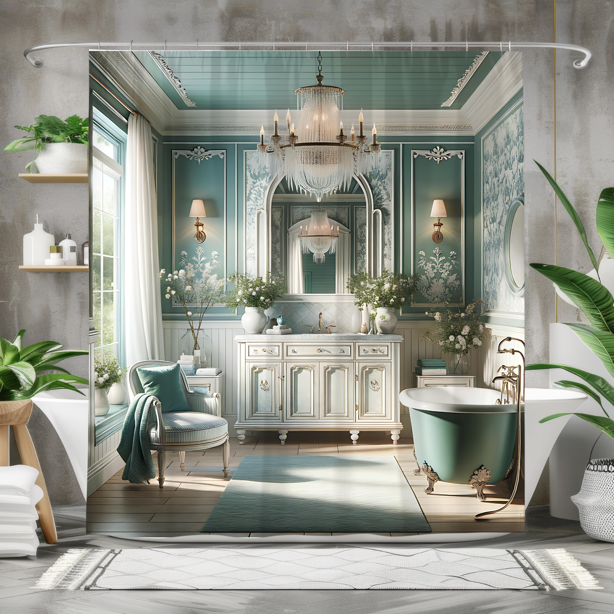 Teal French Country Bathroom – Elegant Vintage Shower Curtain