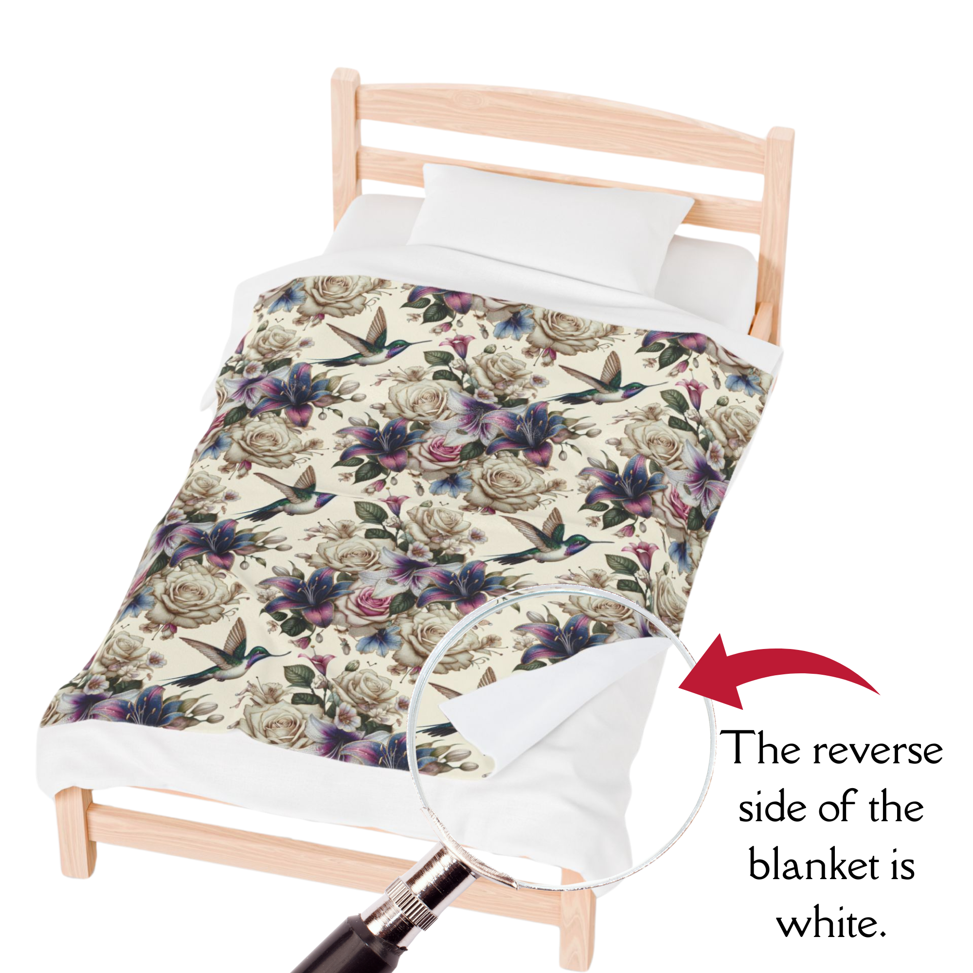 Hummingbirds and Ivory Roses – Floral Velveteen Blanket