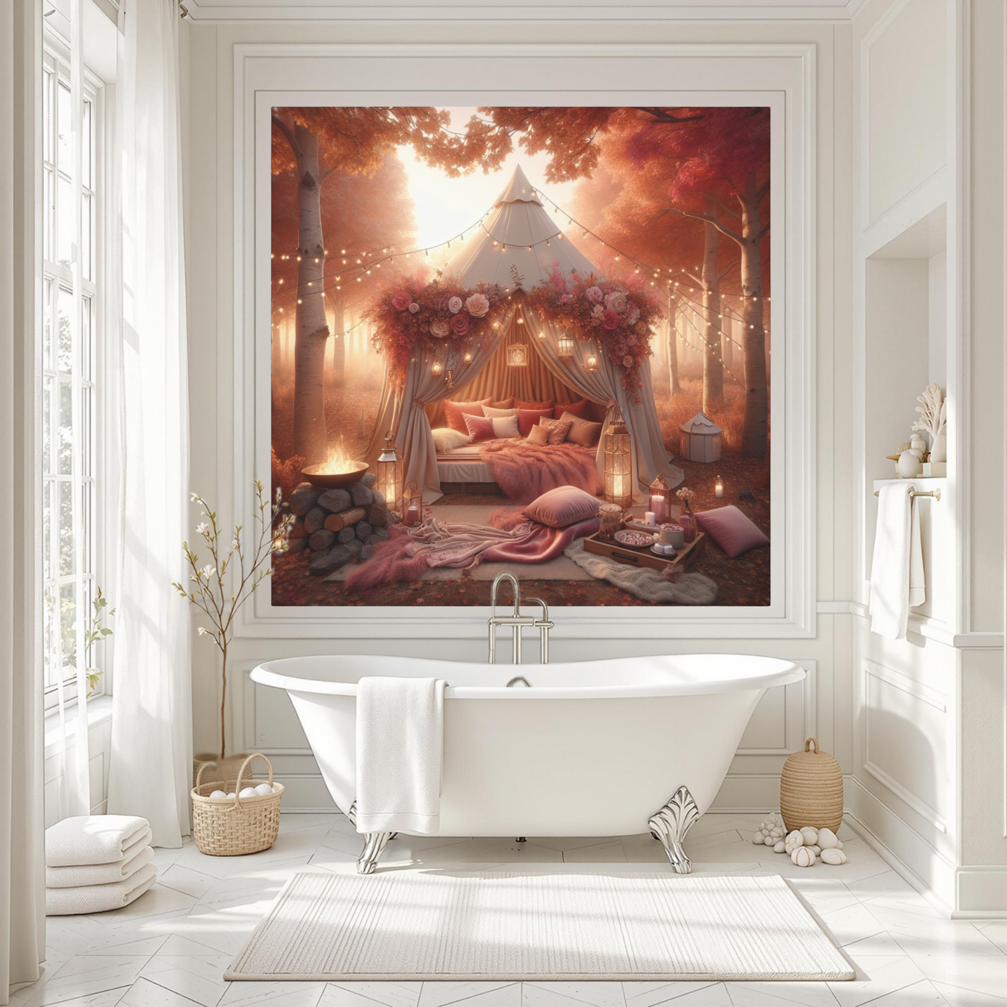 Romantic Fall Glamping Scene – Whimsical Autumn Wall Art