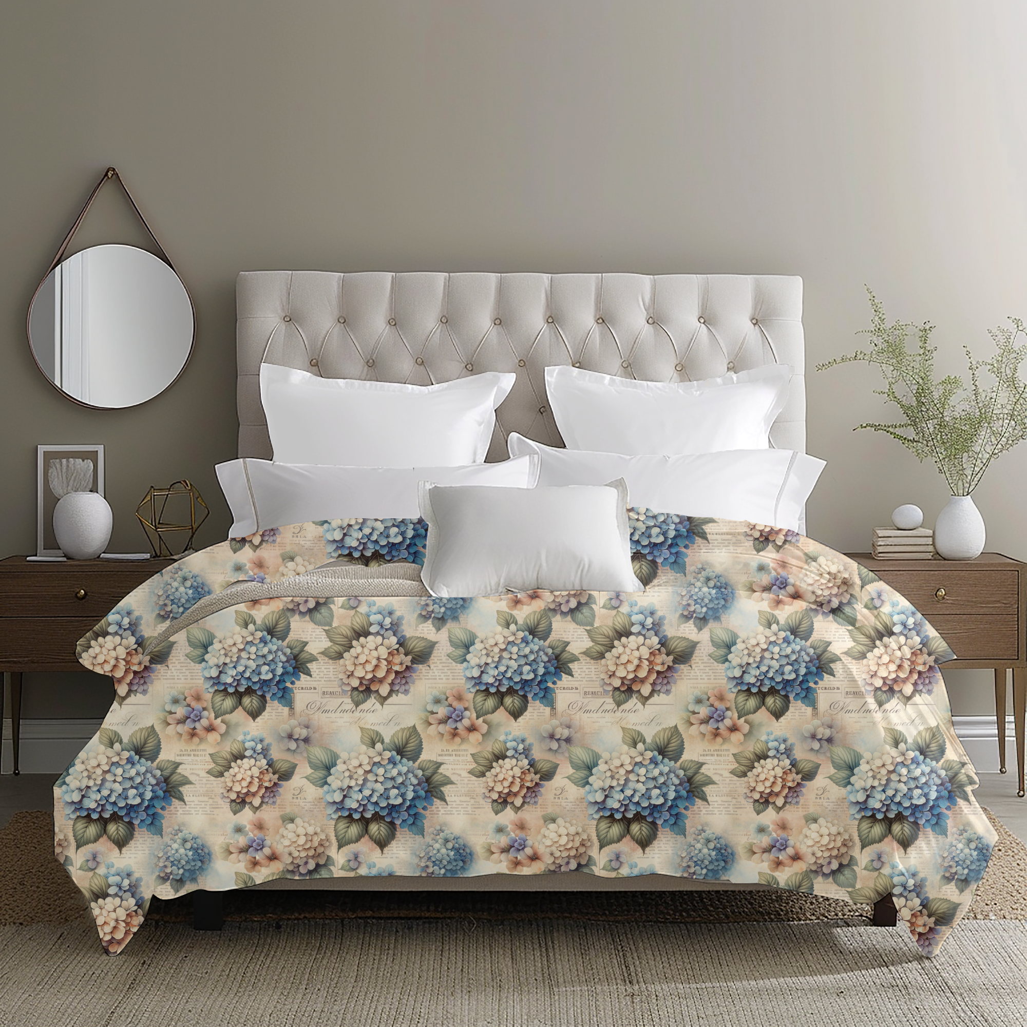Vintage Hydrangea Collage Duvet Cover – Soft Blue & Blush Floral Bedding