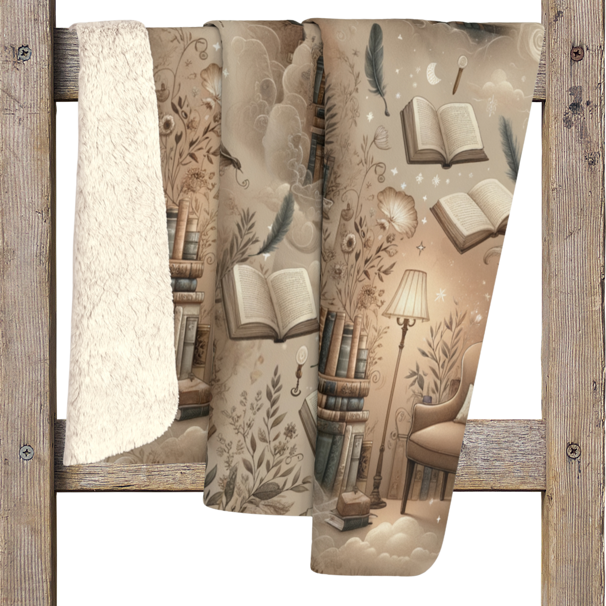 Sepia Library Dreams – Cozy Reading Sherpa Blanket