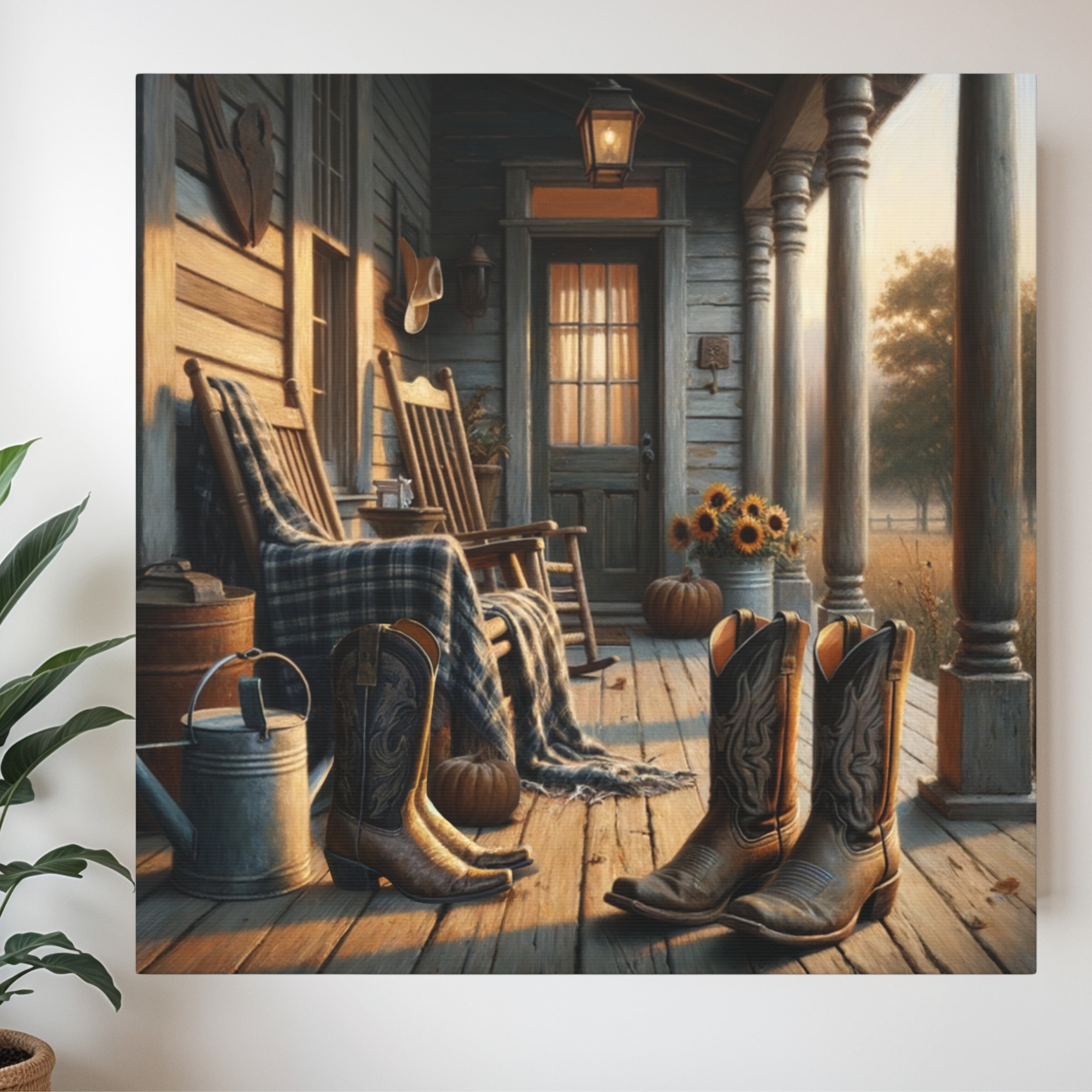 Rustic Farmhouse Porch With Cowboy Boots – Country Front Porch Wall Art
