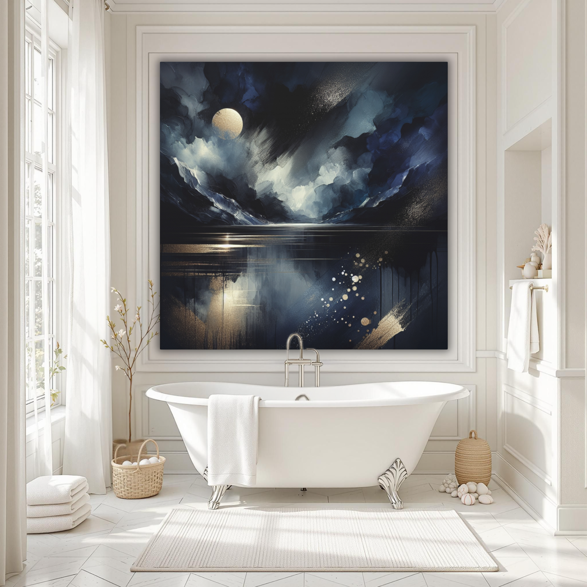 Midnight Reflections Wall Art – Blue and Gold Mountain Lake Canvas