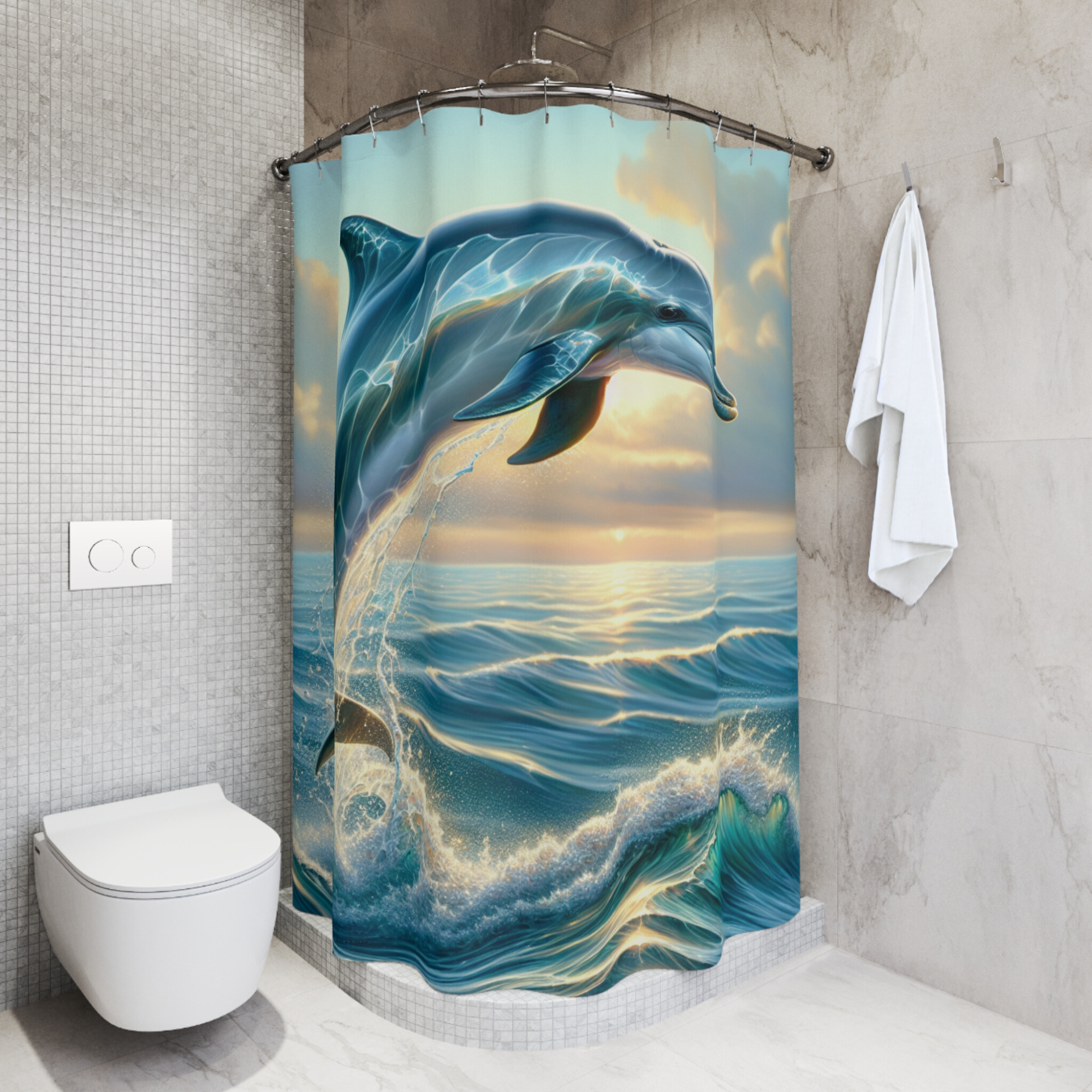 Dolphin Ocean Sunrise – Coastal Bathroom Shower Curtain