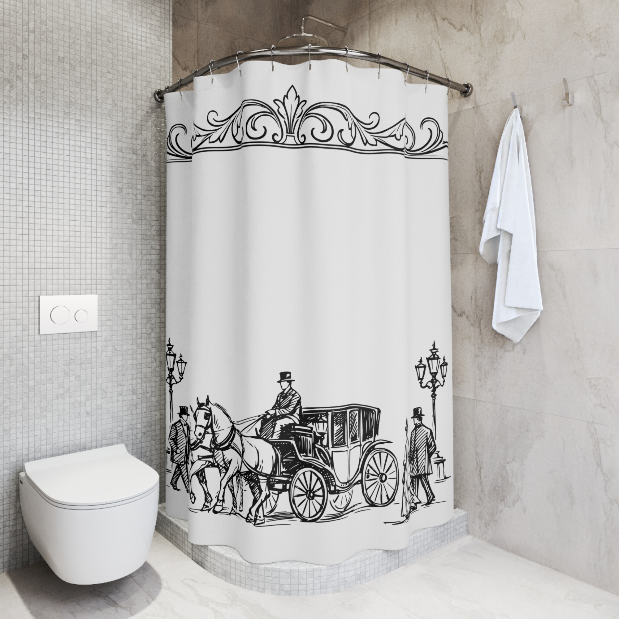 Victorian Carriage Shower Curtain Black White