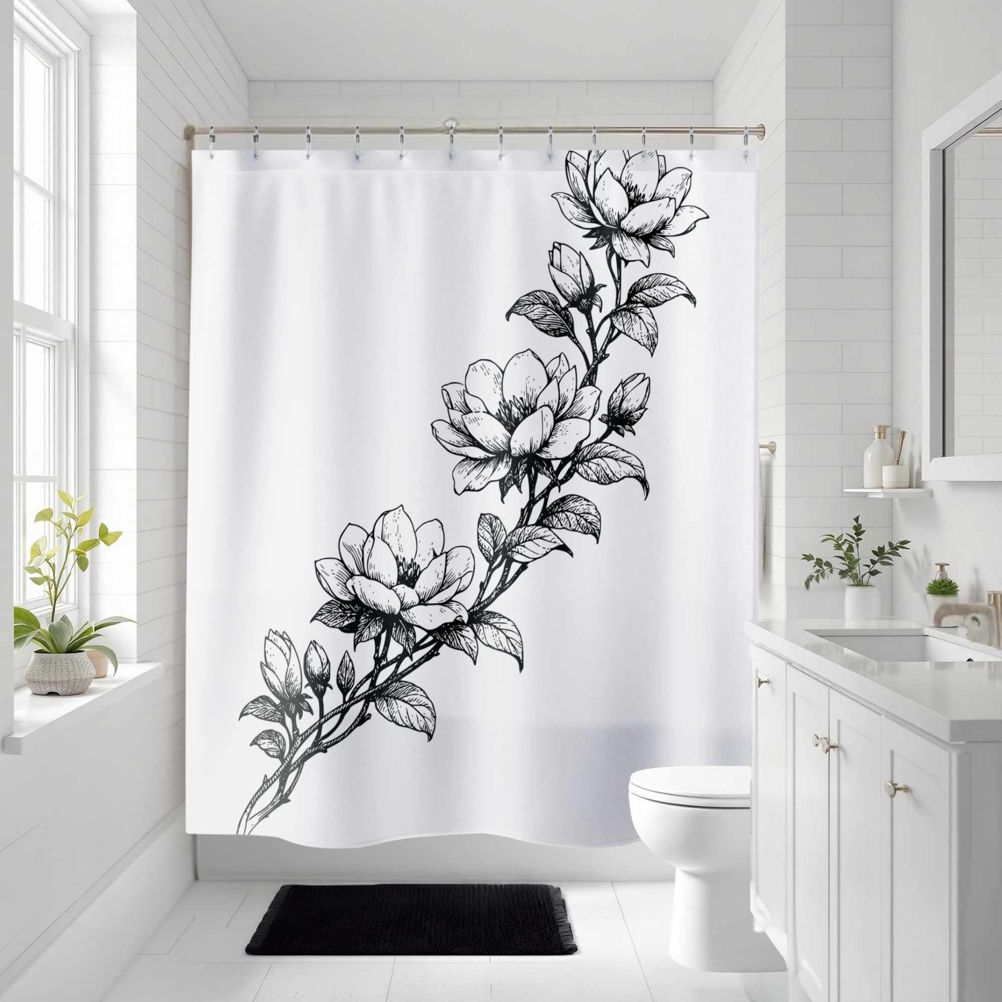 Black White Floral Shower Curtain Minimal Botanical