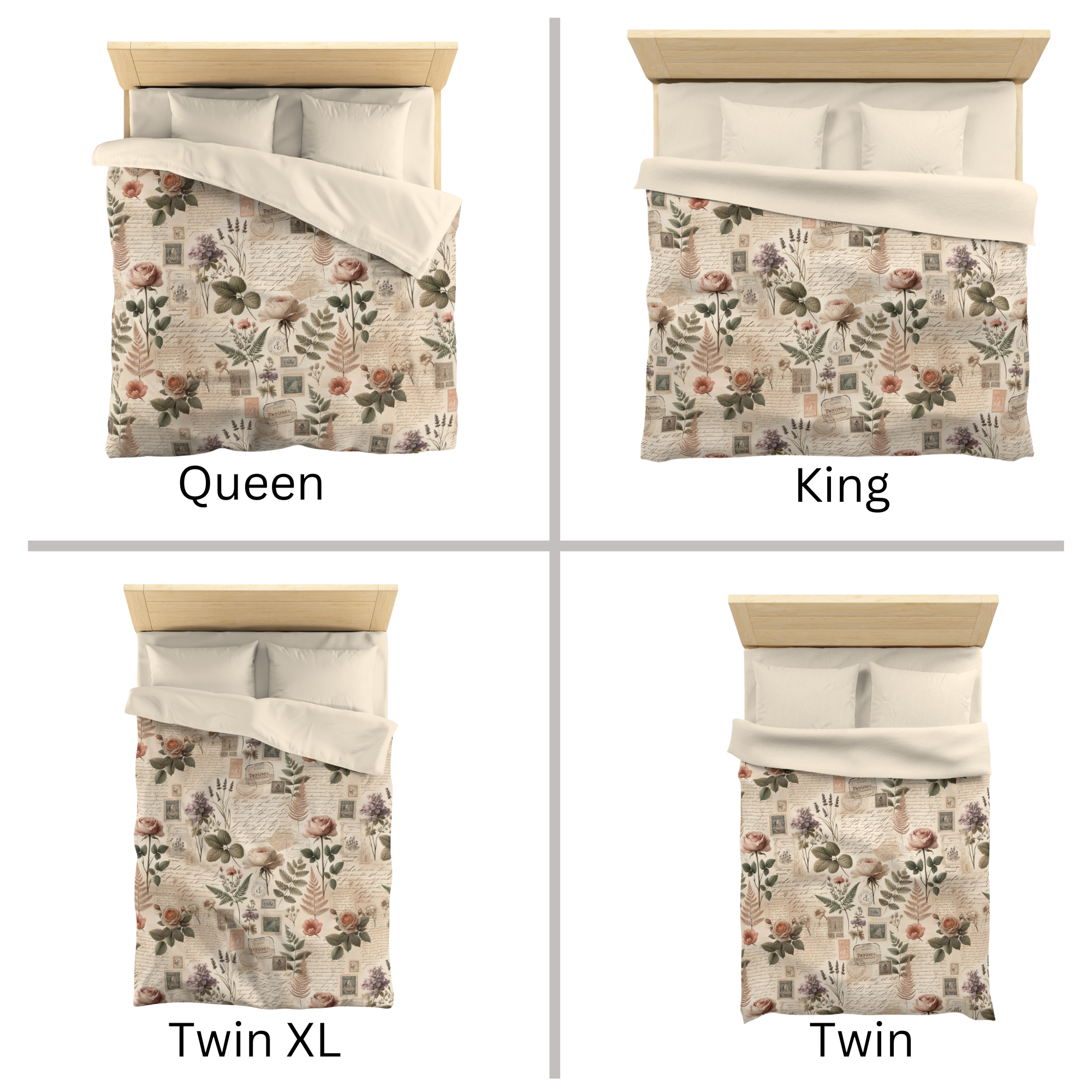 Antique Script & Botanical Collage Duvet Cover – Vintage Floral Letter Bedding